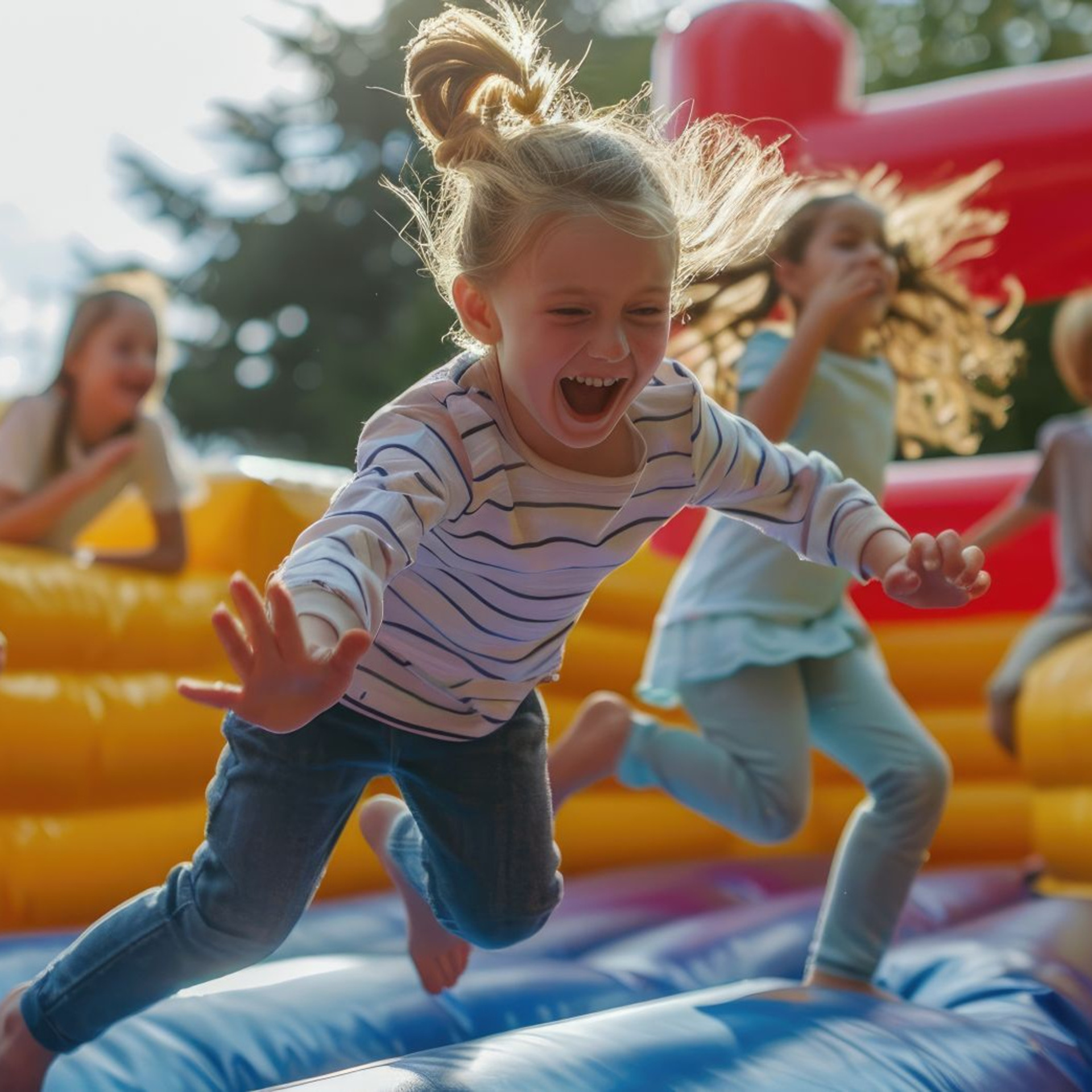 Kinder in einer Hüpfburg. Kind im Vordergrund fliegt grade in der Luft.