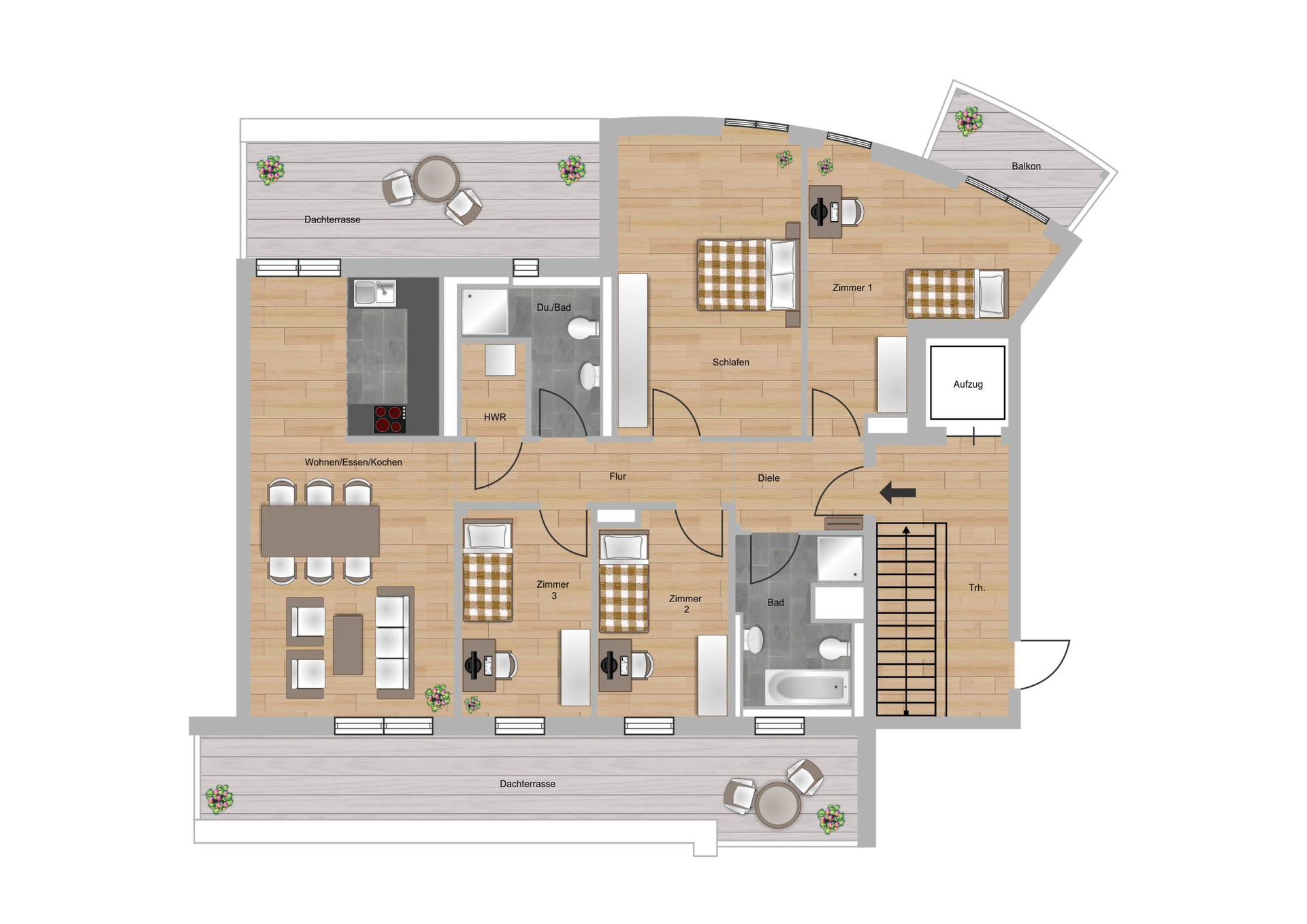 Das Bild zeigt den Grundriss einer 5-Zimmer-Wohnungen im Neubau Elisabethentor in Wiesbaden-Delkenheim der Nassauischen Heimstätte | Wohnstadt (NHW)