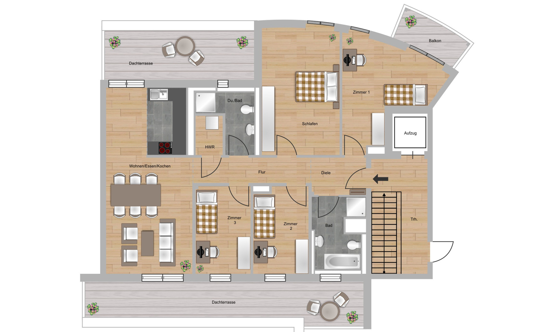 Das Bild zeigt den Grundriss einer 5-Zimmer-Wohnungen im Neubau Elisabethentor in Wiesbaden-Delkenheim der Nassauischen Heimstätte | Wohnstadt (NHW)