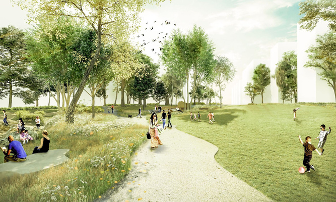Visualisierung einer Parklandschaft mit Bäumen und einem Weg