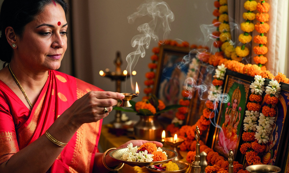 Tisch mit Opfergaben, Blumen