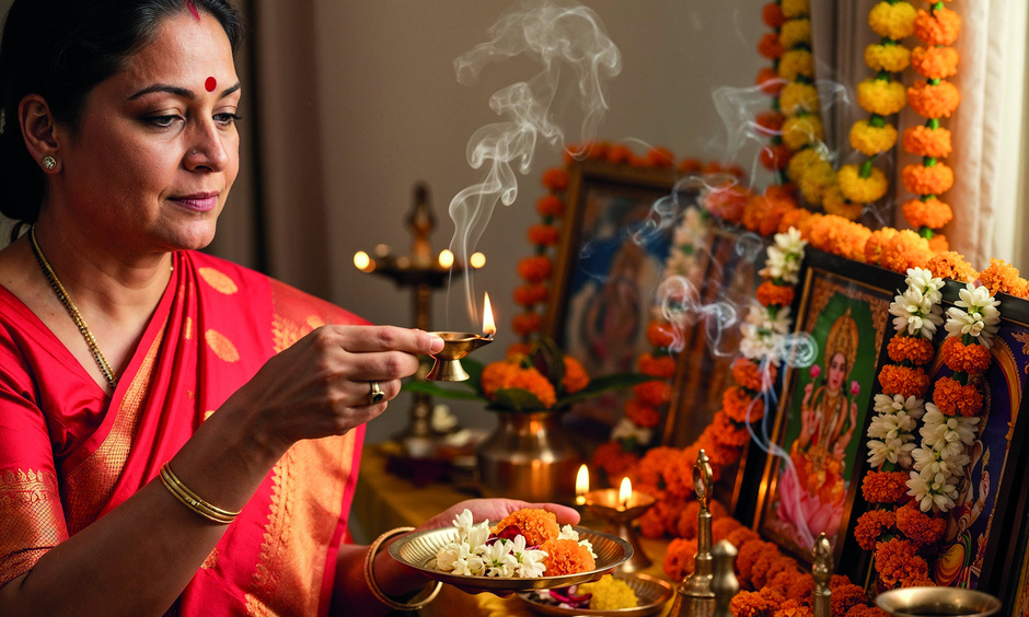 Tisch mit Opfergaben, Blumen