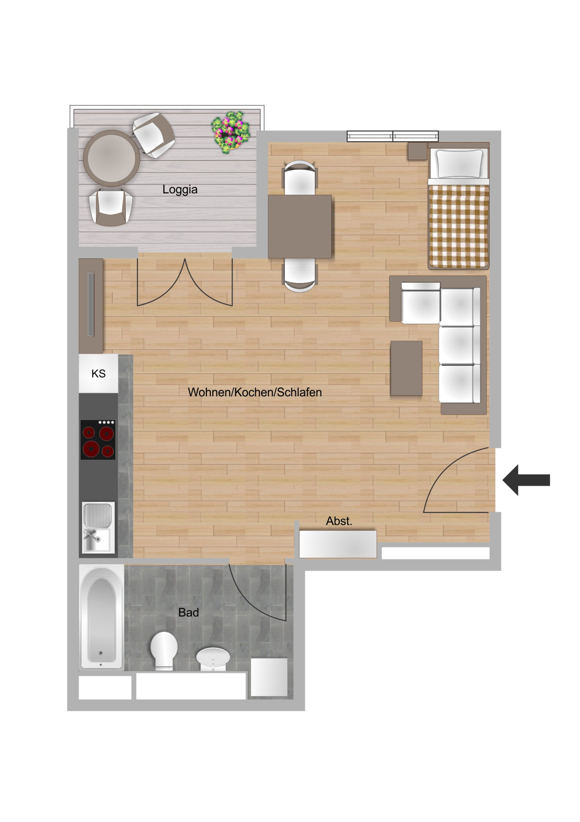 Grundriss einer 1-Zimmer-Wohnung im Schönhof-Viertel Baufeld F1 in Frankfurt-Bockenheim der NHW