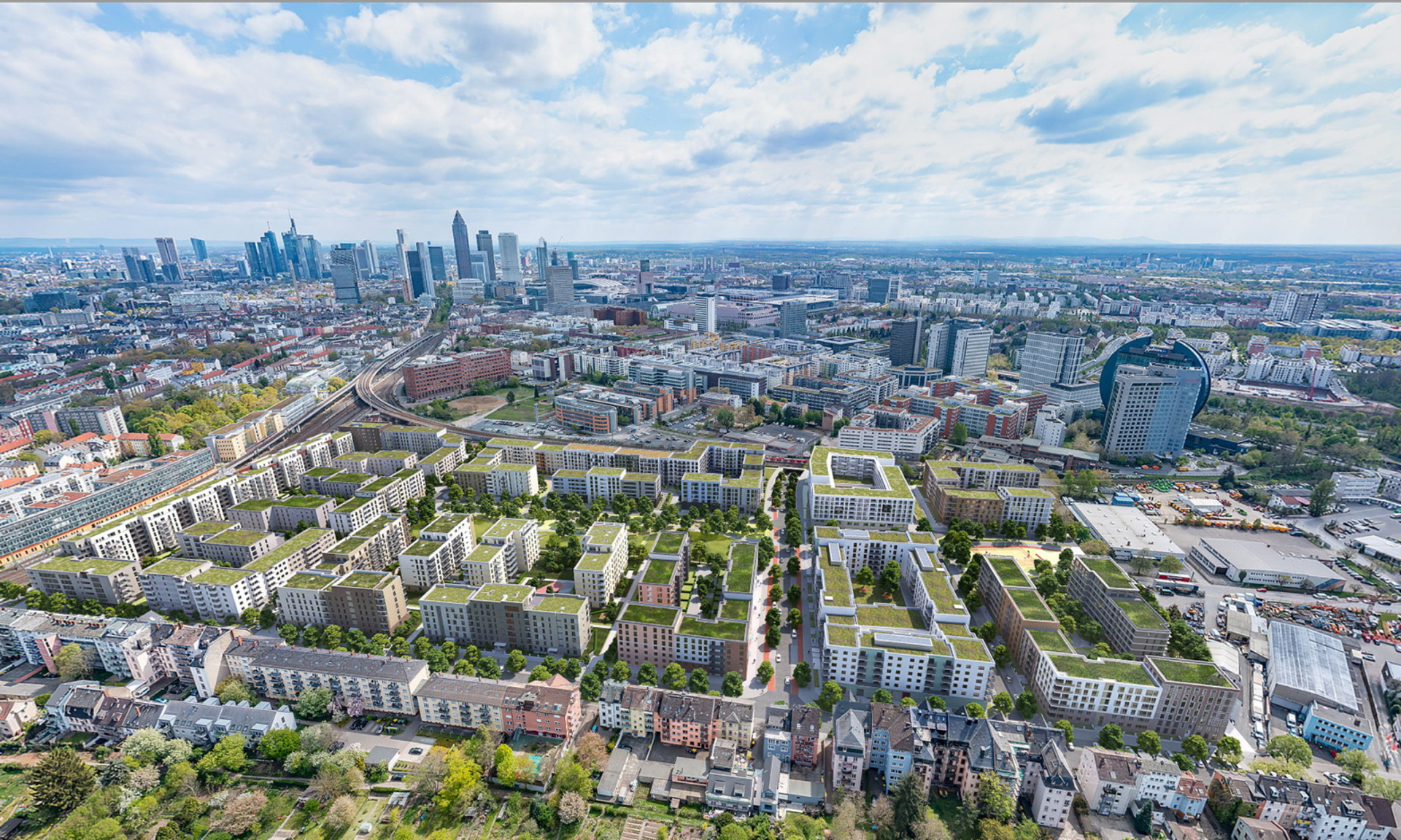 Luftaufnahme von Frankfurt, hineinmontiert die Visualisierung vom fertiggestellten Schönhof-Viertel