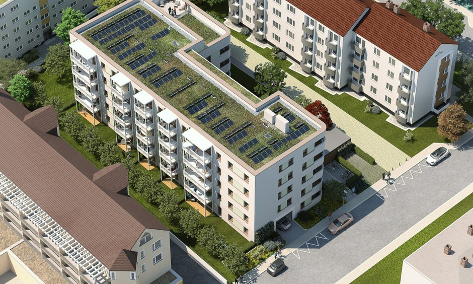 Eine Visualisierung eines Mehrparteiengebäudes aus der Vogelperspektive.