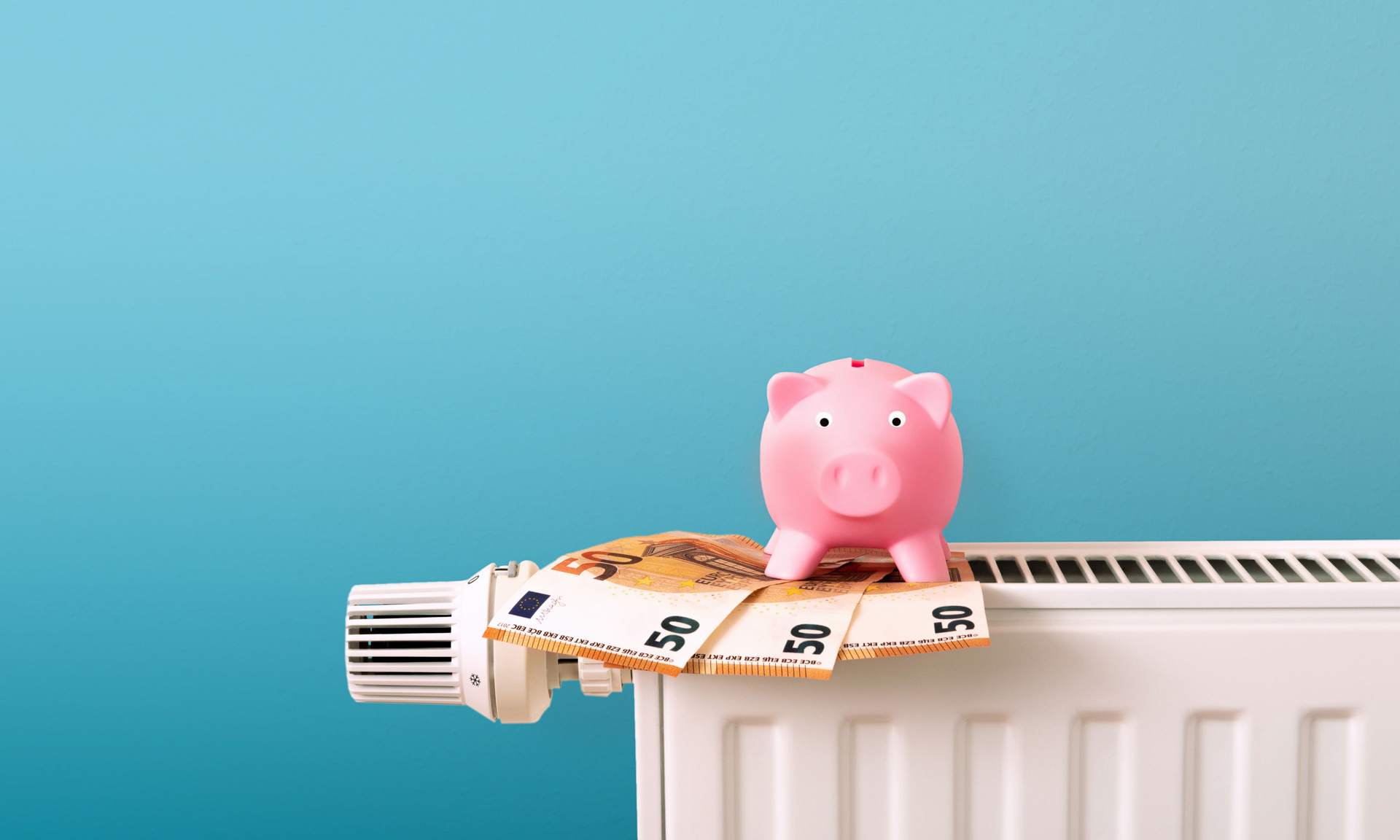 Zu sehen ist ein Heizkörper auf dem ein rosa Sparschwein steht und drei 50€ Scheine liegen.