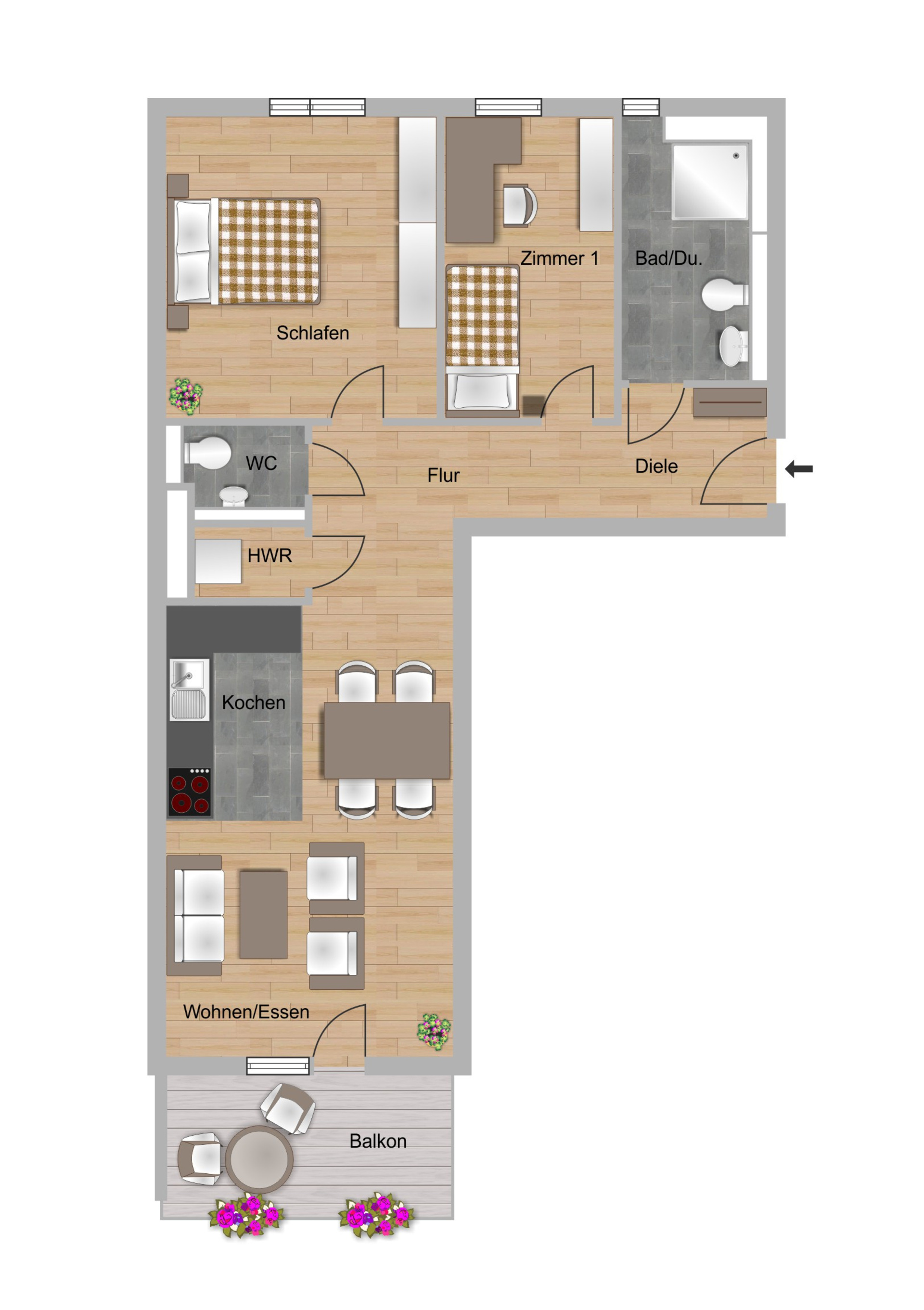 Das Bild zeigt den Grundriss einer 3-Zimmer-Wohnungen im Neubau Elisabethentor in Wiesbaden-Delkenheim der Nassauischen Heimstätte | Wohnstadt (NHW)