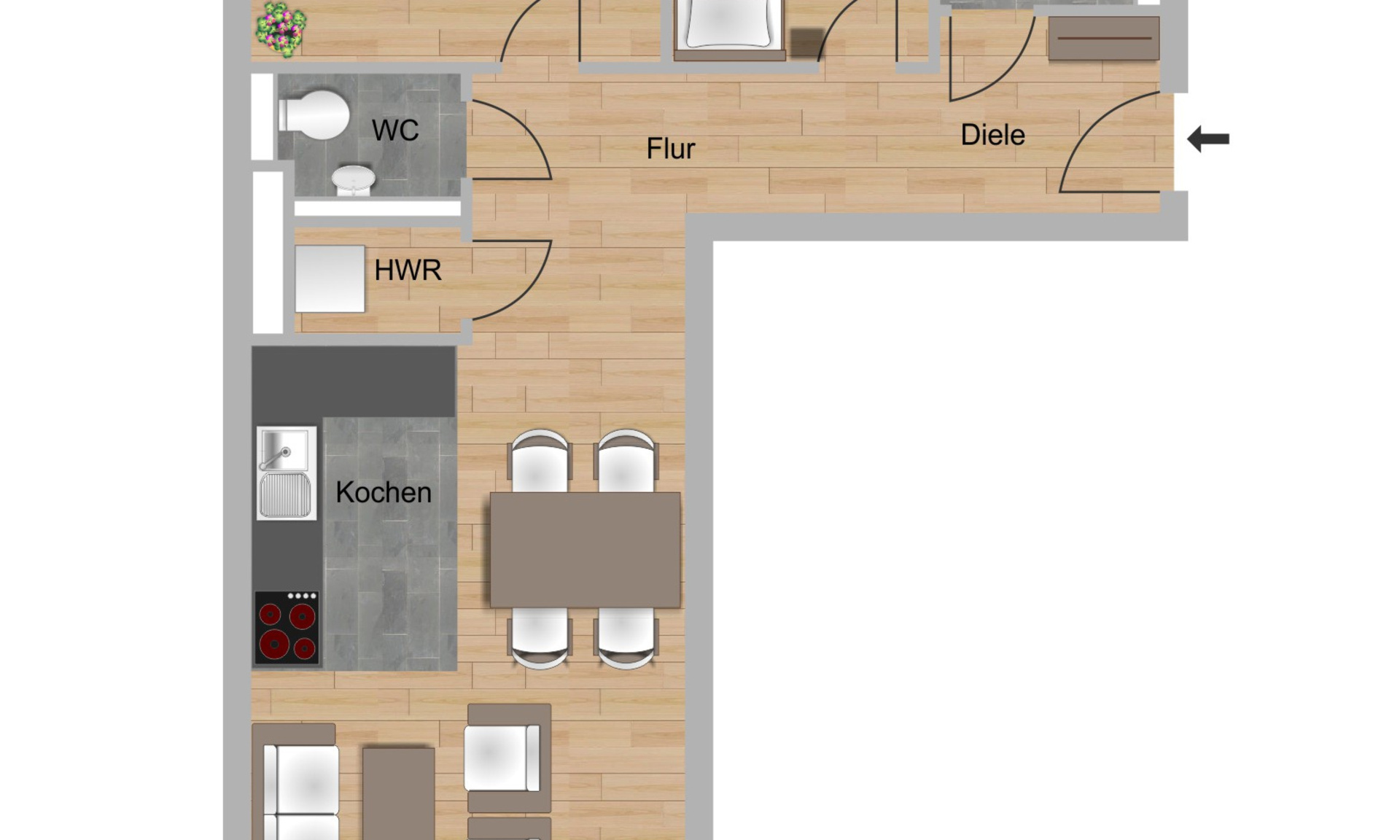 Das Bild zeigt den Grundriss einer 3-Zimmer-Wohnungen im Neubau Elisabethentor in Wiesbaden-Delkenheim der Nassauischen Heimstätte | Wohnstadt (NHW)