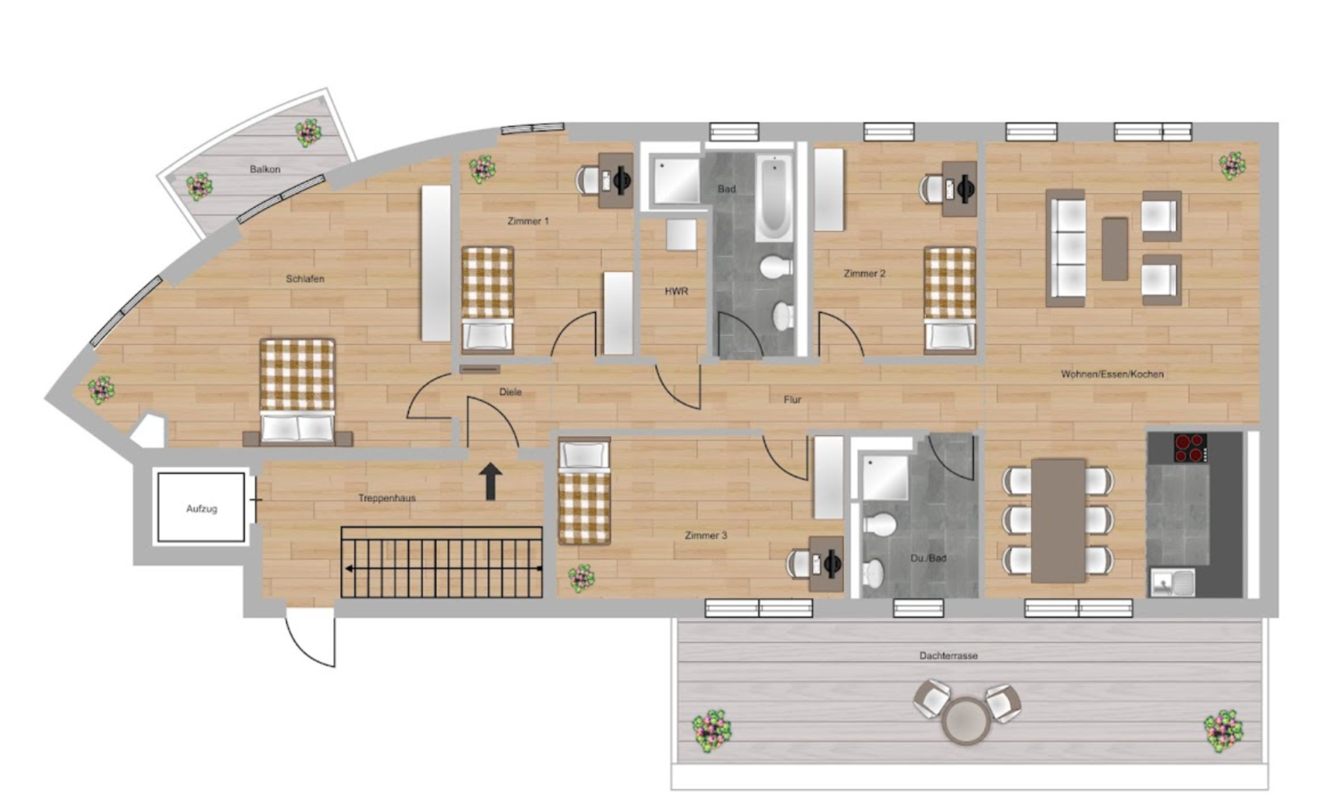 Das Bild zeigt den Grundriss einer 5-Zimmer-Wohnungen im Neubau Elisabethentor in Wiesbaden-Delkenheim der Nassauischen Heimstätte | Wohnstadt (NHW)