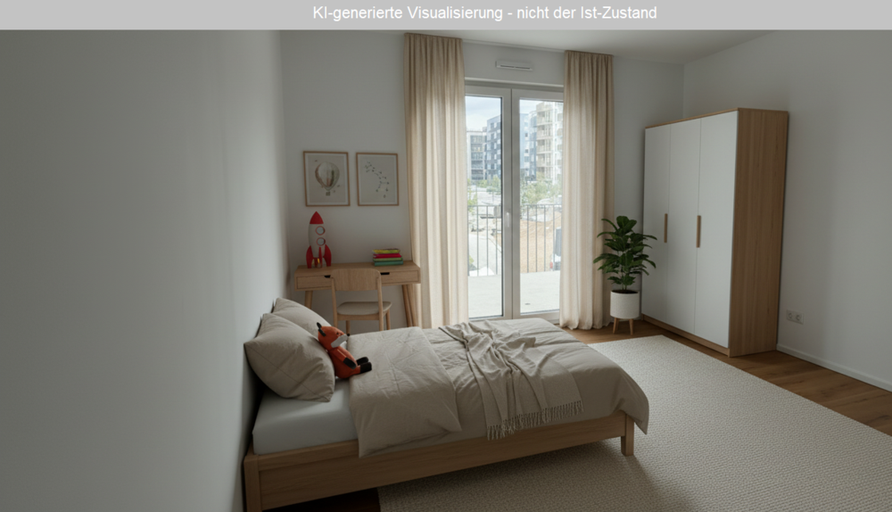 Schlafzimmer mit Blick in den Innenhof_KI_Beispiel