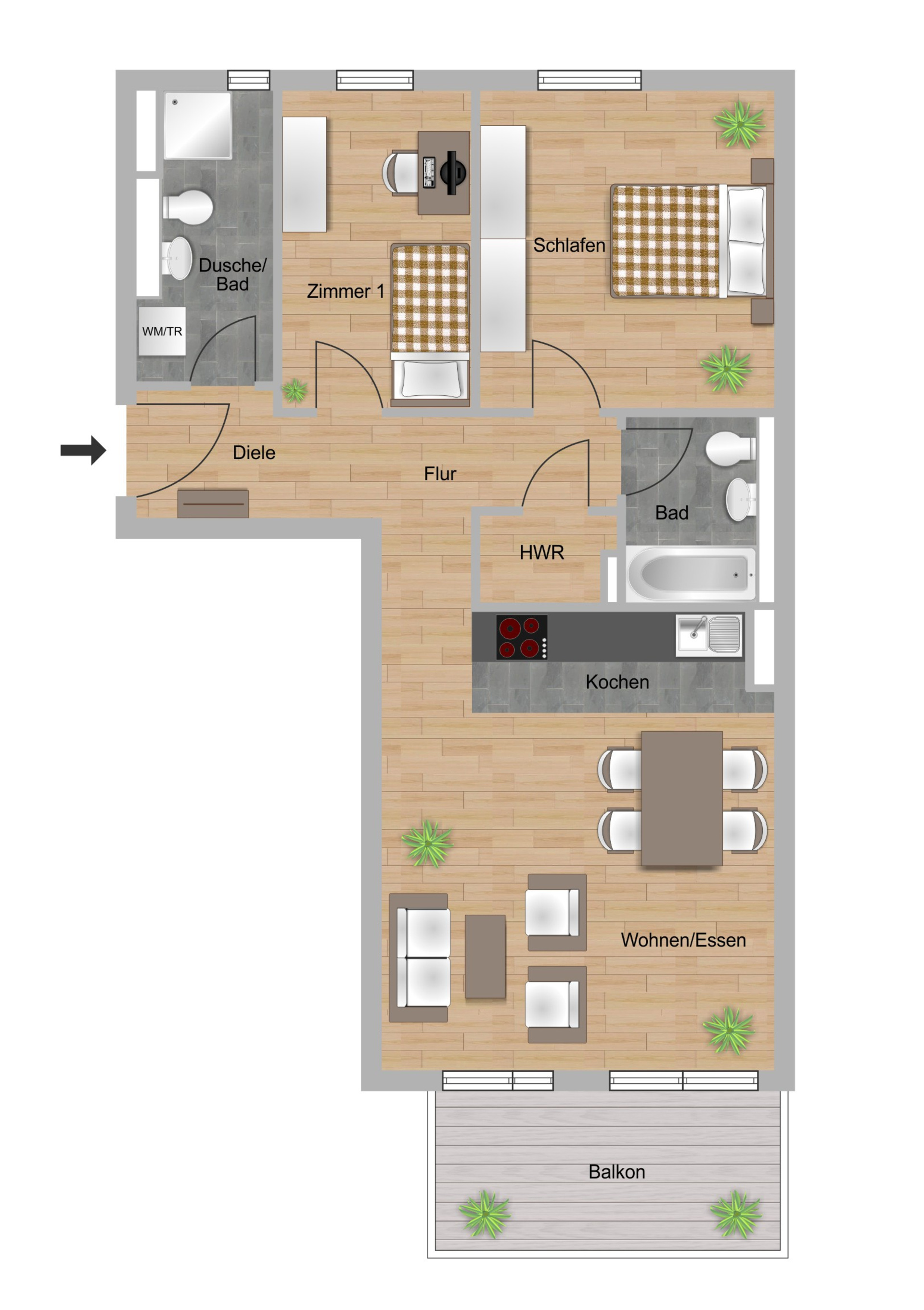 Das Bild zeigt den Grundriss einer 3-Zimmer-Wohnungen im Neubau Elisabethentor in Wiesbaden-Delkenheim der Nassauischen Heimstätte | Wohnstadt (NHW)