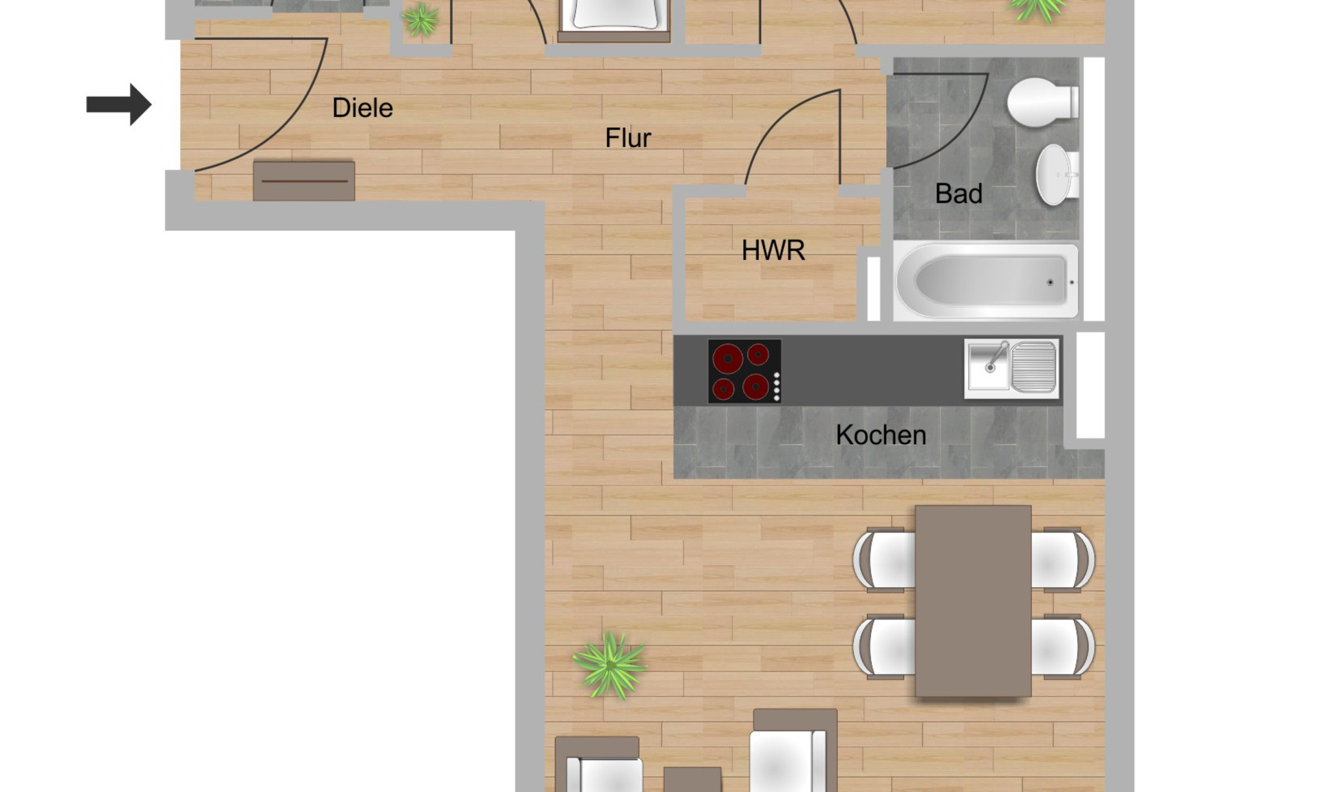 Das Bild zeigt den Grundriss einer 3-Zimmer-Wohnungen im Neubau Elisabethentor in Wiesbaden-Delkenheim der Nassauischen Heimstätte | Wohnstadt (NHW)