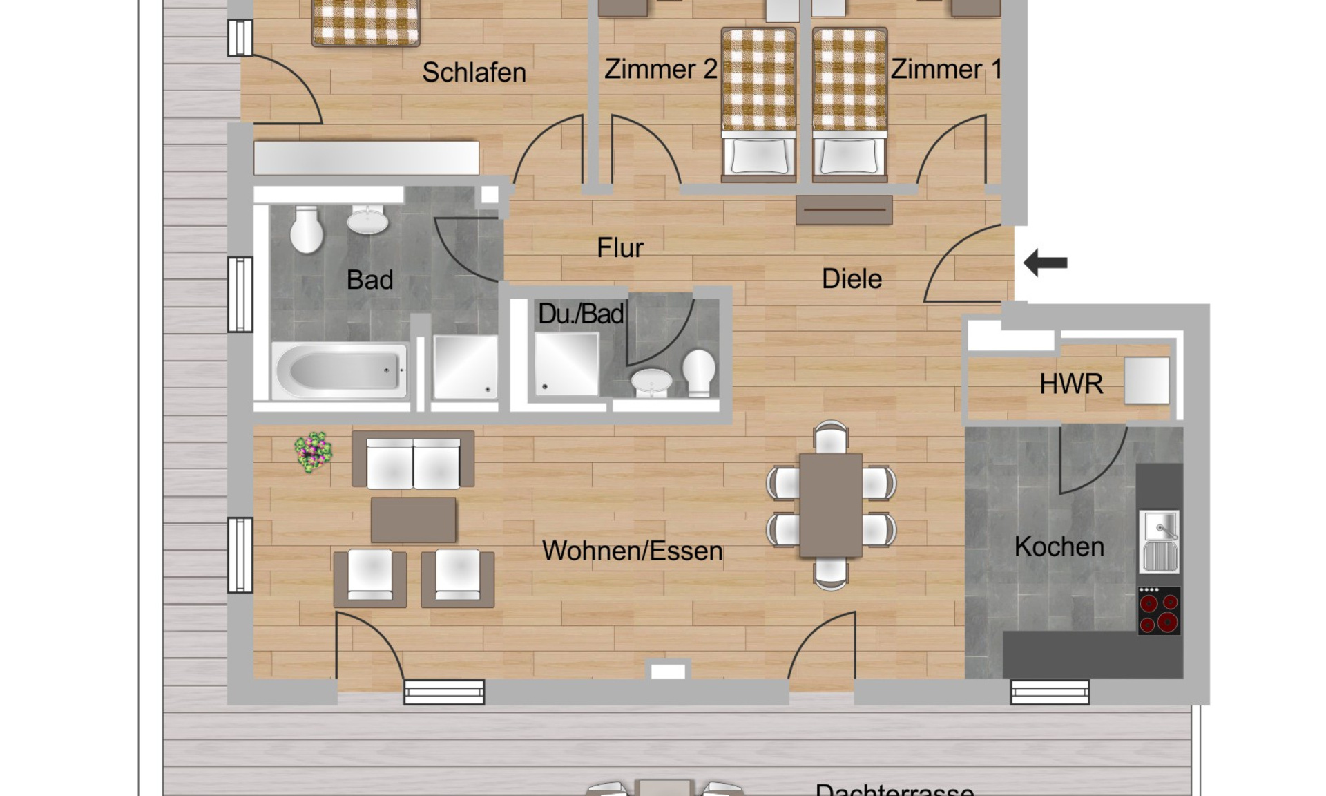 Das Bild zeigt den Grundriss einer 4-Zimmer-Wohnungen im Neubau Elisabethentor in Wiesbaden-Delkenheim der Nassauischen Heimstätte | Wohnstadt (NHW)