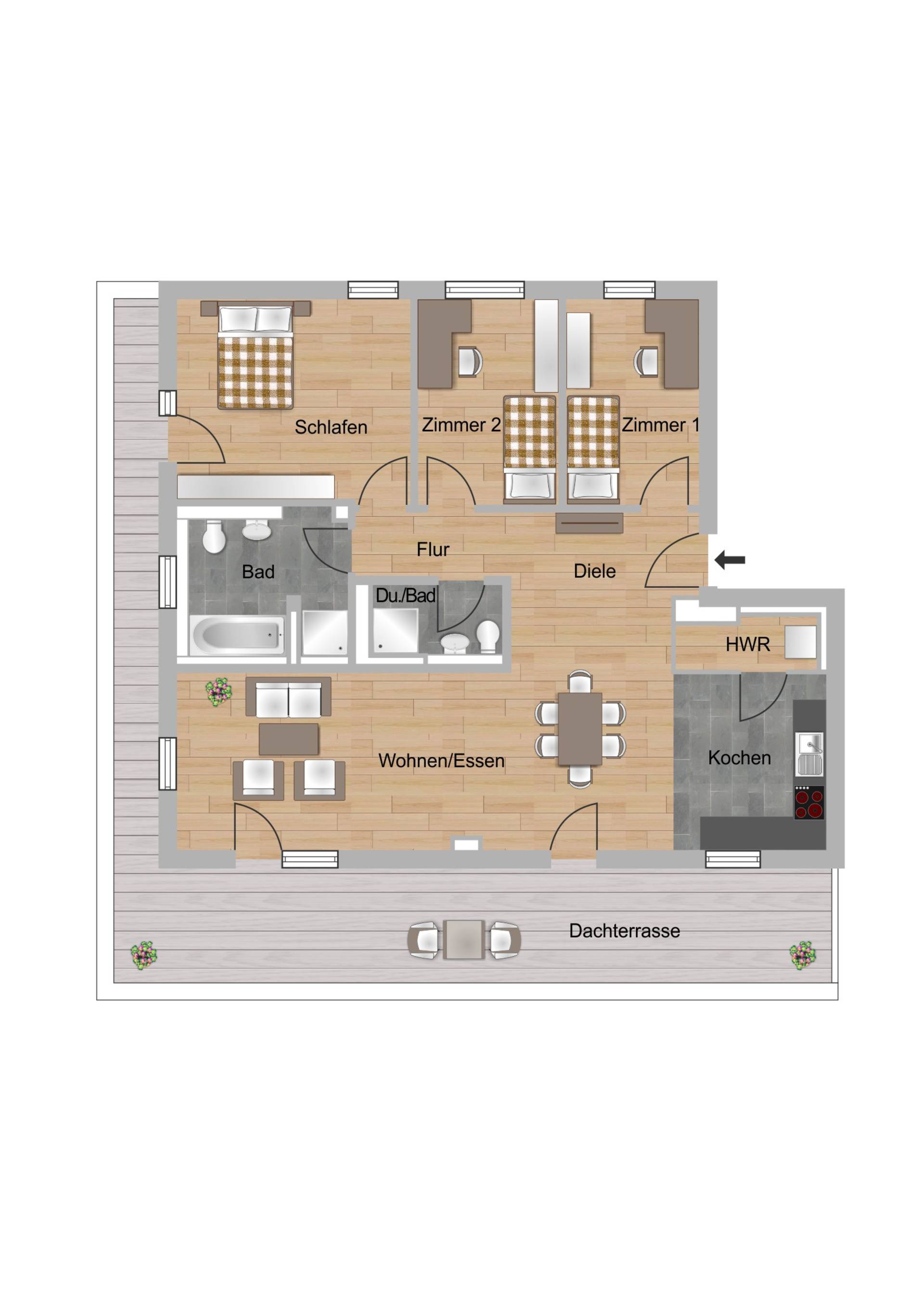 Das Bild zeigt den Grundriss einer 4-Zimmer-Wohnungen im Neubau Elisabethentor in Wiesbaden-Delkenheim der Nassauischen Heimstätte | Wohnstadt (NHW)