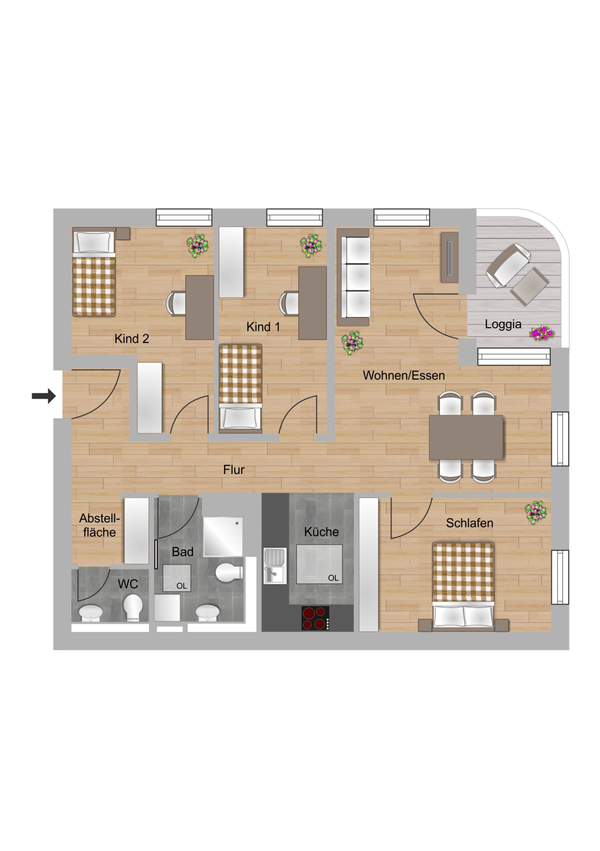 Beispielgrundriss zur 4-Zimmer-Wohnung in der Melibocusstraße in Frankfurt der NHW