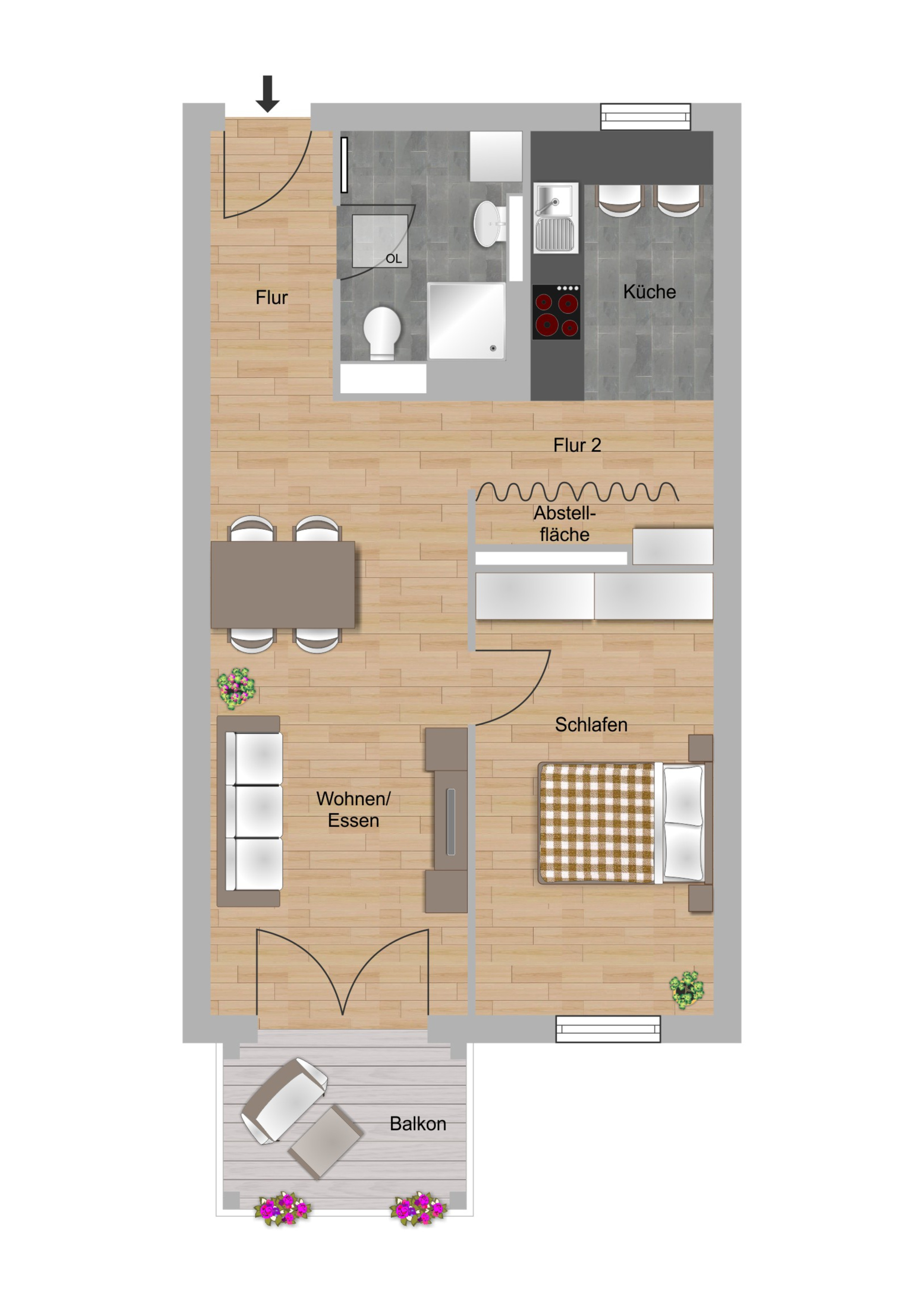 Beispielgrundriss zur 2-Zimmer-Wohnung in der Melibocusstraße in Frankfurt der NHW