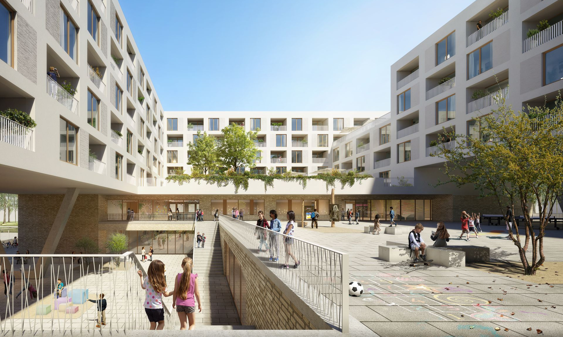 Visualisierung mit Blick auf den Innenhof der Schule