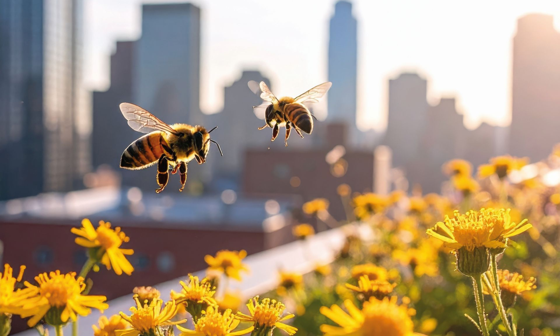 gelbe Sommerblumen im Vordergrund, Skyline im Hintergrund. Über den Blumen fliegen zwei Bienen