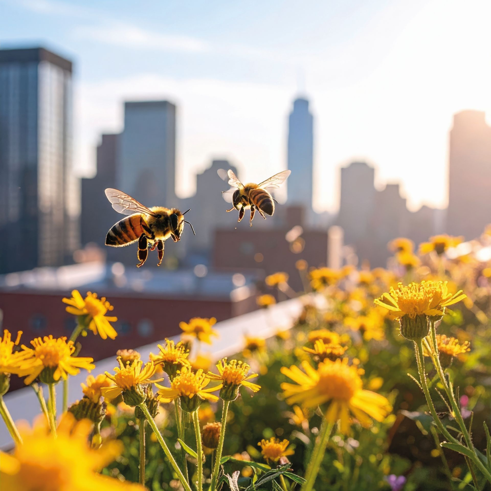 gelbe Sommerblumen im Vordergrund, Skyline im Hintergrund. Über den Blumen fliegen zwei Bienen