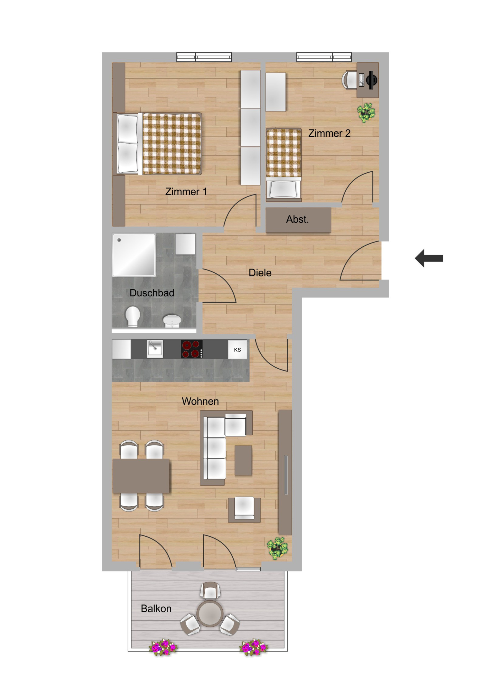Beispielgrundriss zu einer 3-Zimmer-Wohnung im Waidesgrund in Fulda der NHW