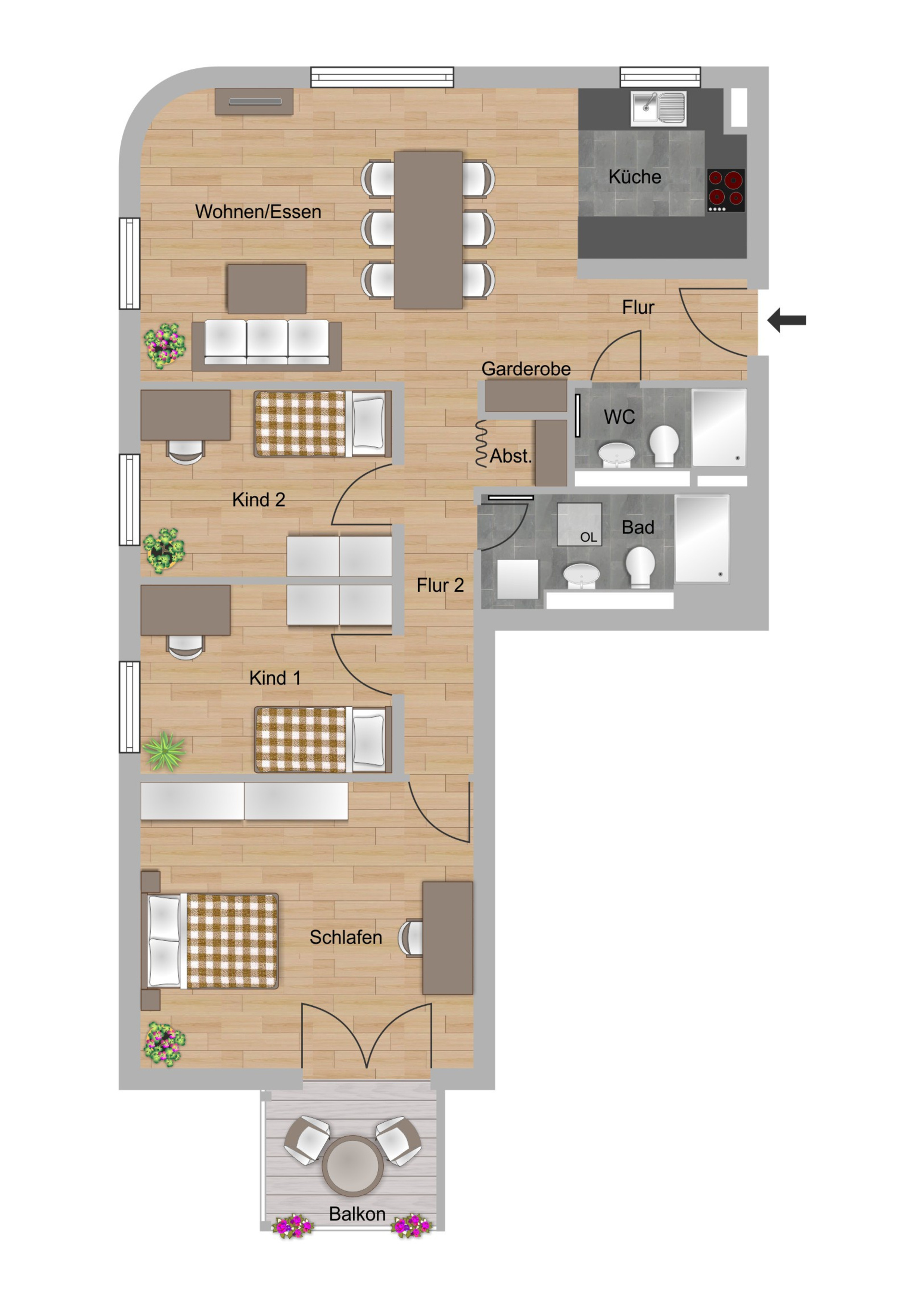 Beispielgrundriss zur 4-Zimmer-Wohnung in der Melibocusstraße in Frankfurt der NHW
