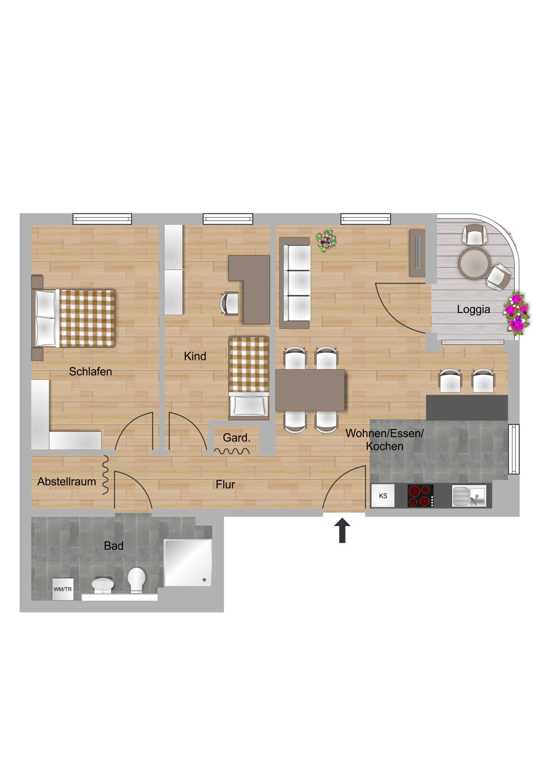 Beispielgrundriss zur 3-Zimmer-Wohnung in der Melibocusstraße in Frankfurt der NHW