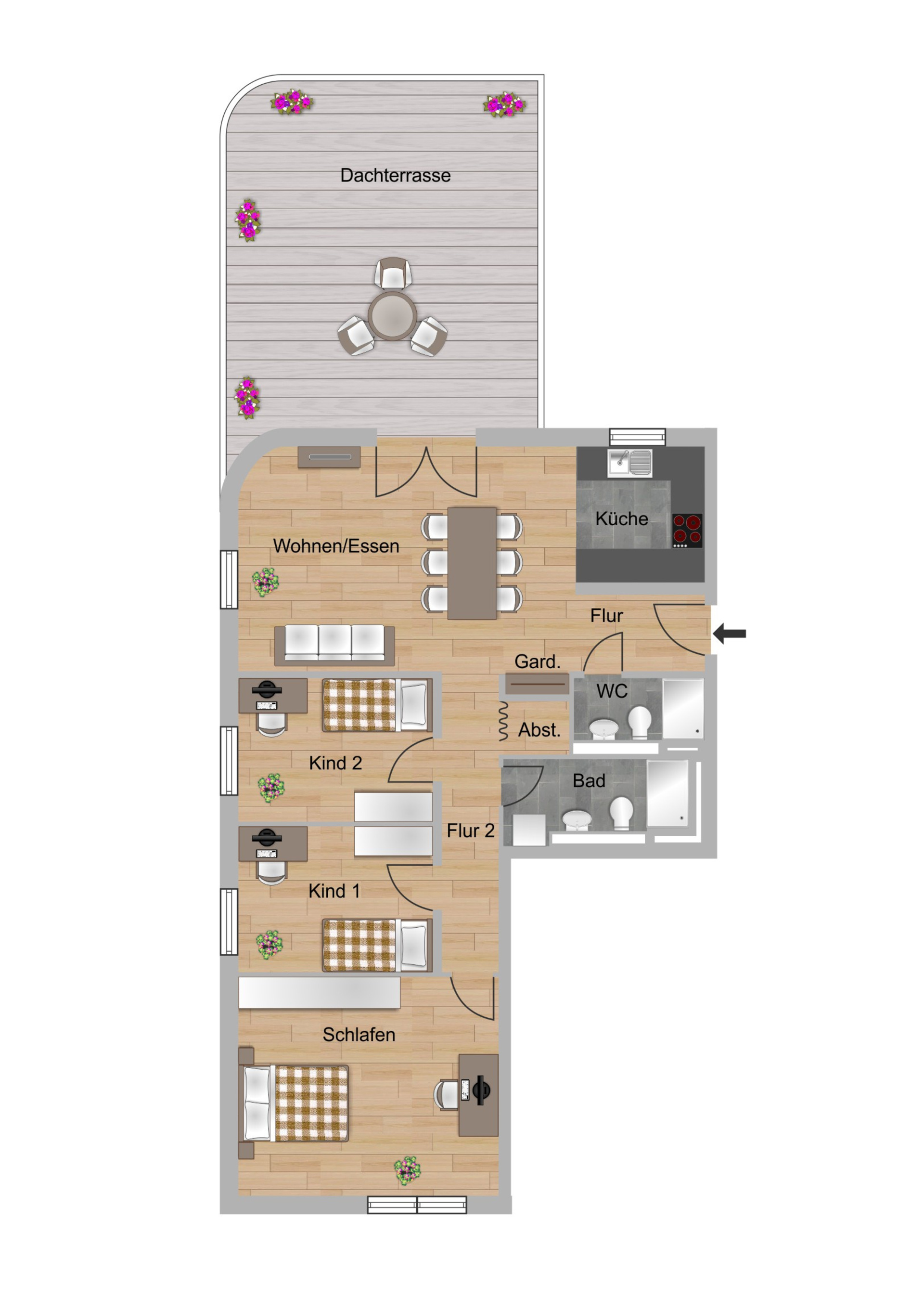 Beispielgrundriss einer 4-Zimmer-Wohnung in der Melibocusstraße 48 der NHW