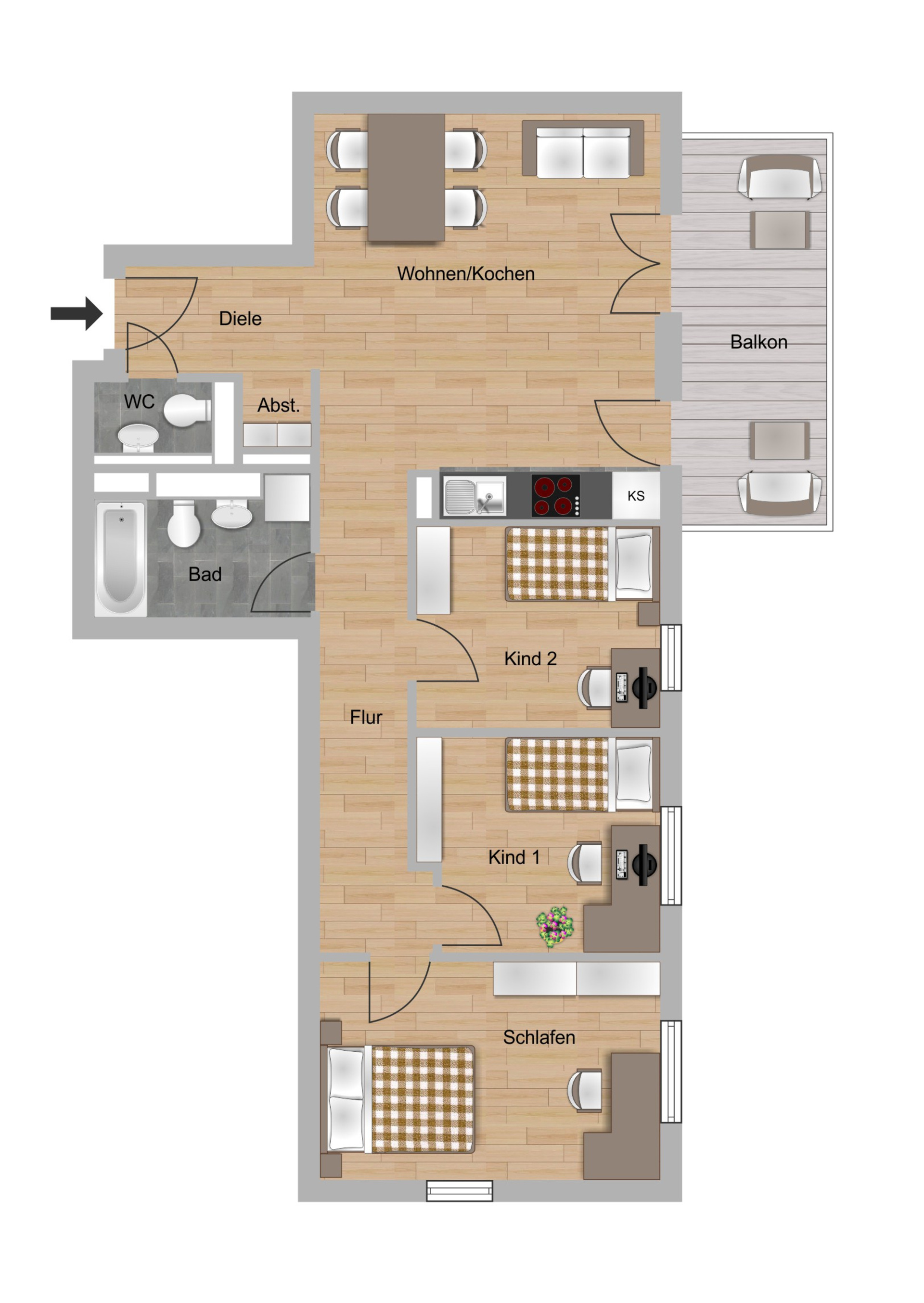 Grundriss einer 4-Zimmer-Wohnung im Schönhof-Viertel Baufeld F1 in Frankfurt-Bockenheim der NHW