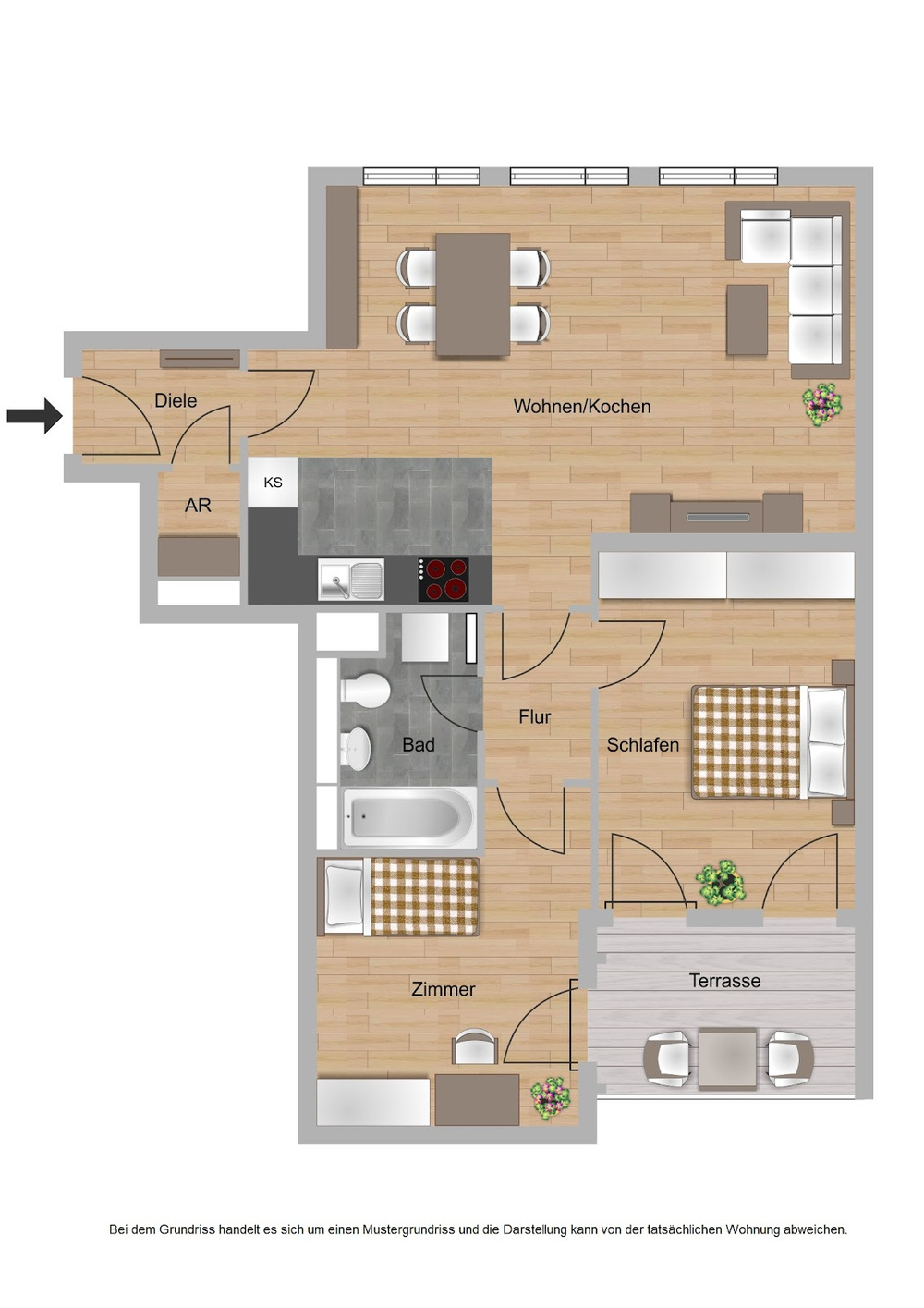 Haus B, Typ 4, 3 Zimmer, 75,99m²