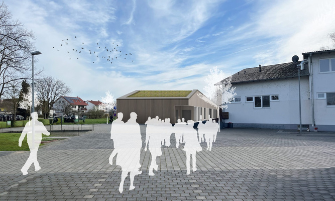 Visualisierung eines Funktionsgebäudes in Holzbauweise, montiert in ein Foto eines bestehenden Platzes mit einem bestehenden Gebäude, ebenfalls hineinmontiert: schemenhafte Passanten