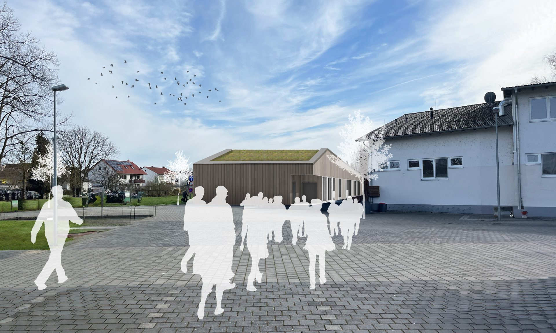 Visualisierung eines Funktionsgebäudes in Holzbauweise, montiert in ein Foto eines bestehenden Platzes mit einem bestehenden Gebäude, ebenfalls hineinmontiert: schemenhafte Passanten