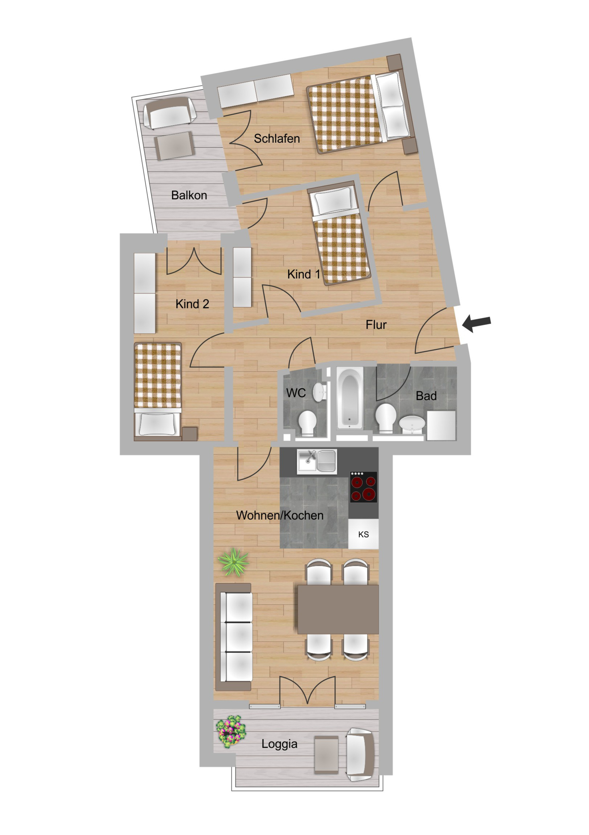 Grundriss einer 4-Zimmer-Wohnung im Schönhof-Viertel Baufeld F1 in Frankfurt-Bockenheim der NHW