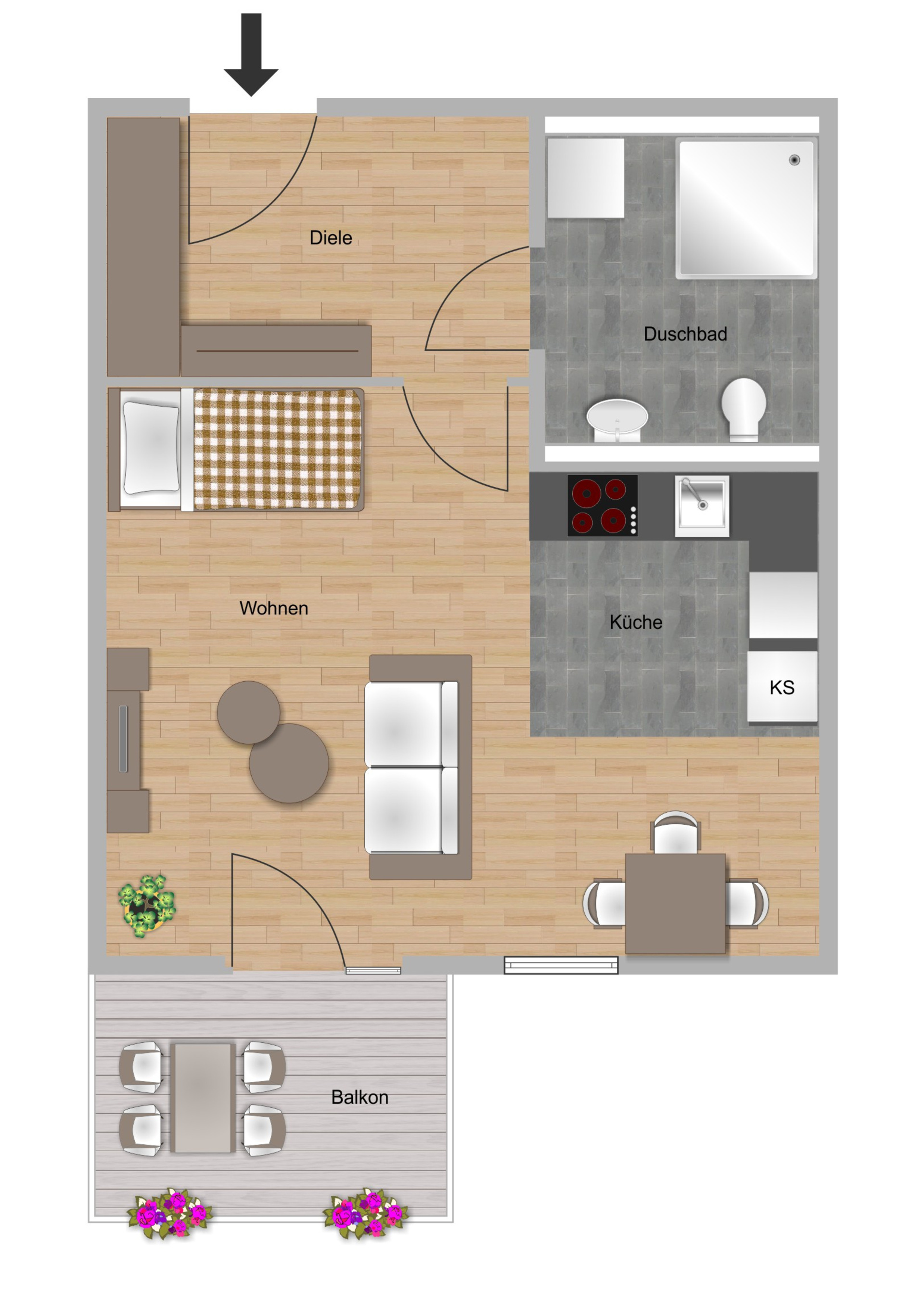 Beispielgrundriss zu einer 1-Zimmer-Wohnung im Waidesgrund in Fulda der NHW