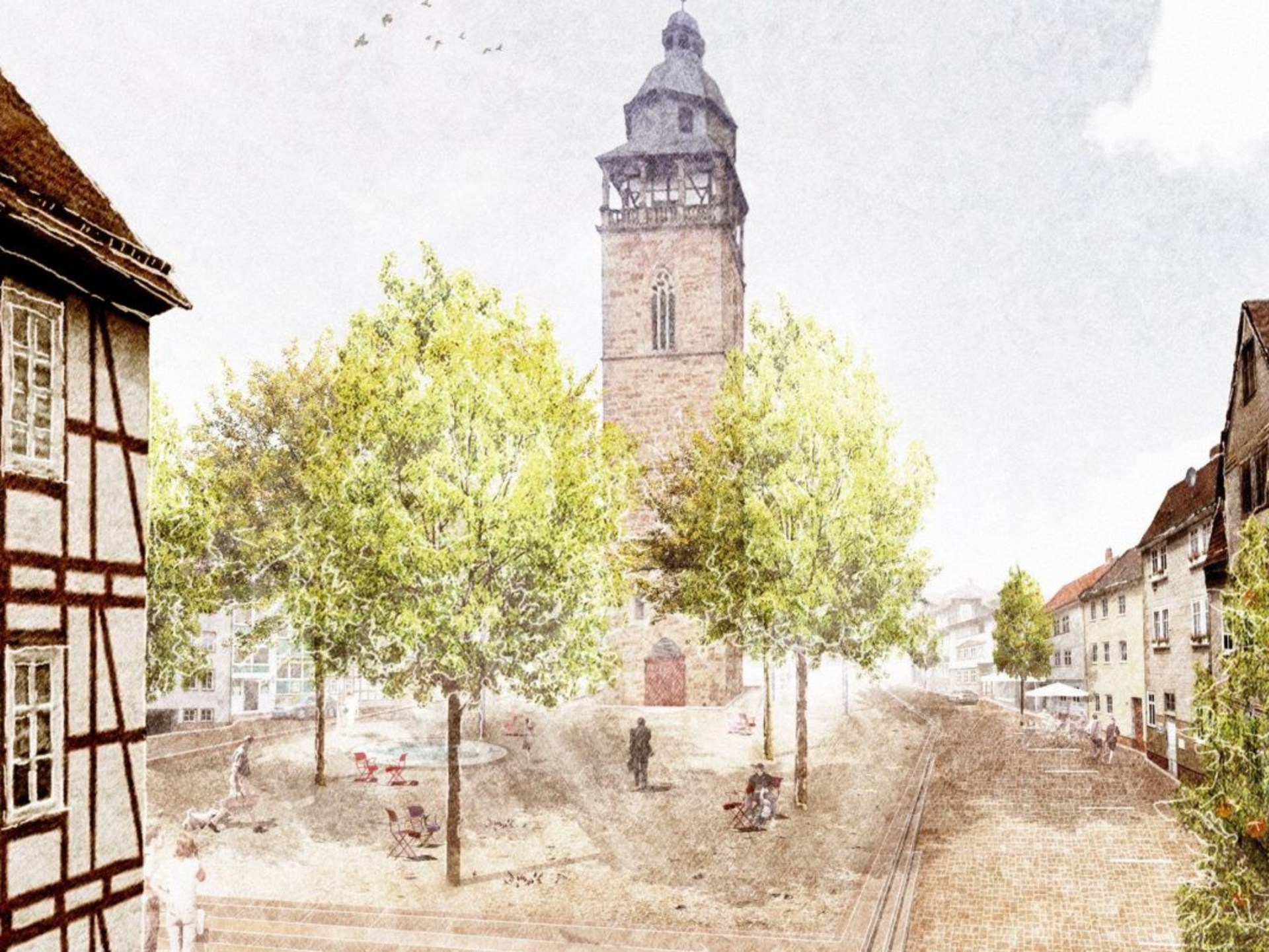 Visualisierung von Stadtplatz und Nikolaiturm in Eschwege