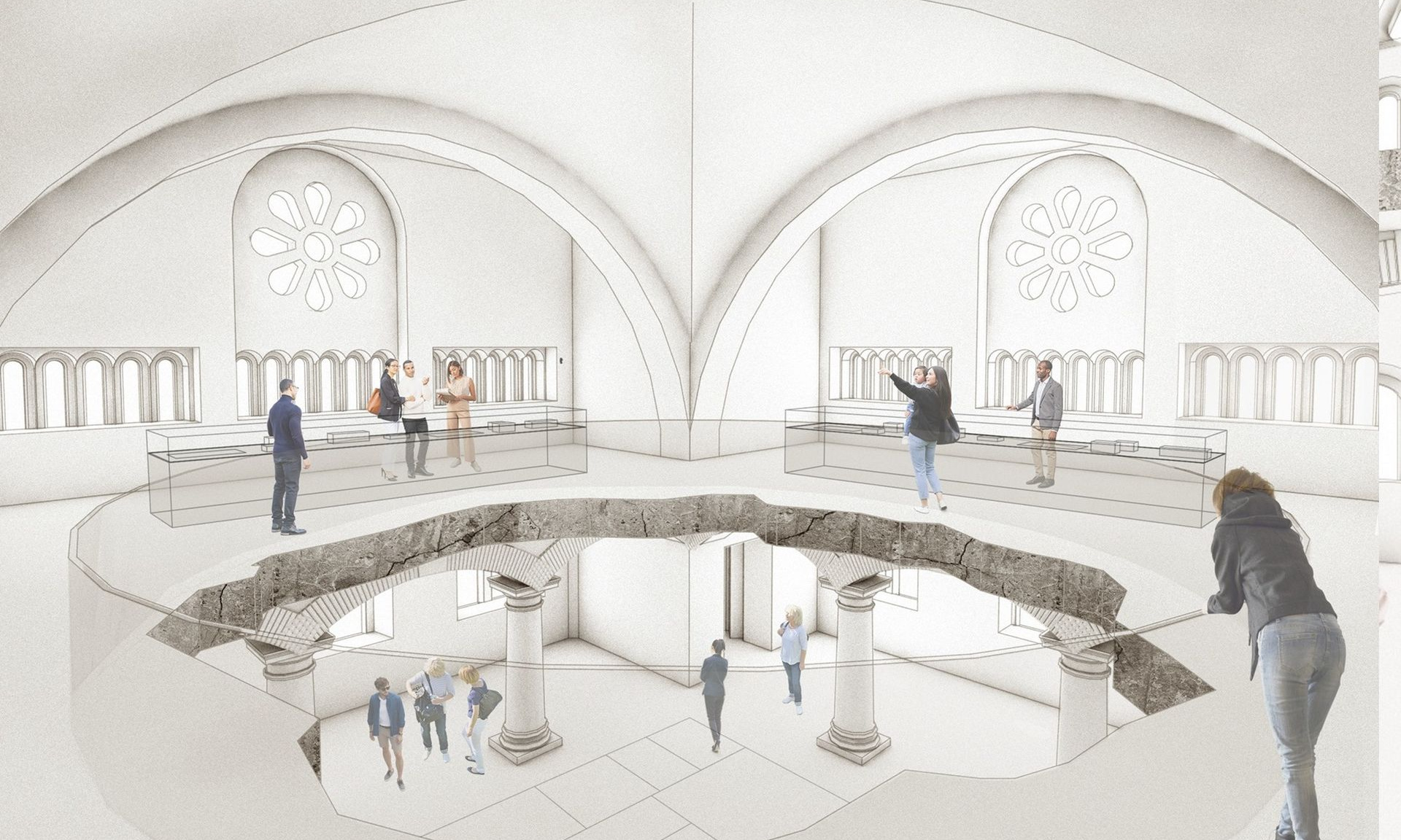 Sicht aus dem Obergeschoss der Synagoge durch einen Deckendurchbruch in das Untergeschoss.
