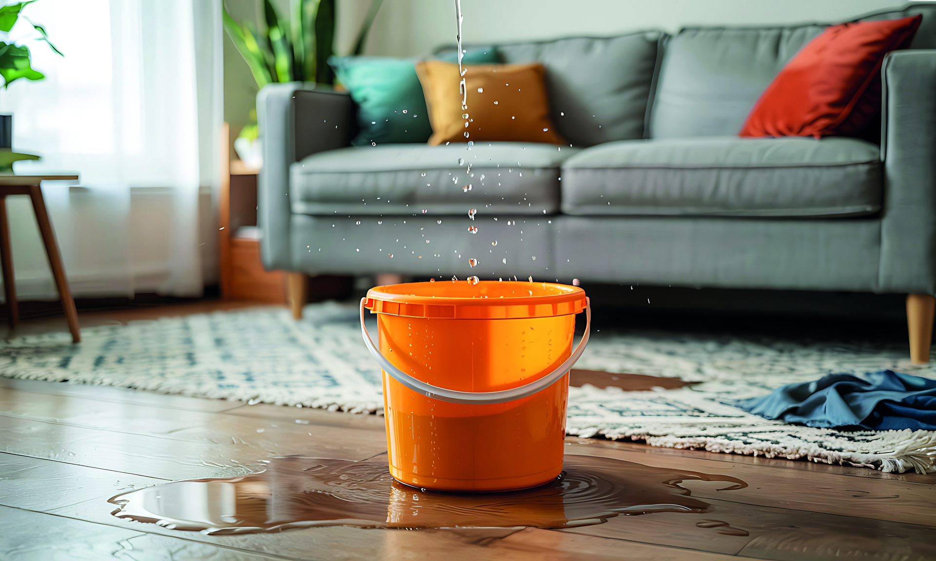 Ein orangener Eimer steht im Wohnzimmer auf dem Boden, es tropft Wasser von oben hinein. Im Hintergrund sieht man ein Sofa.