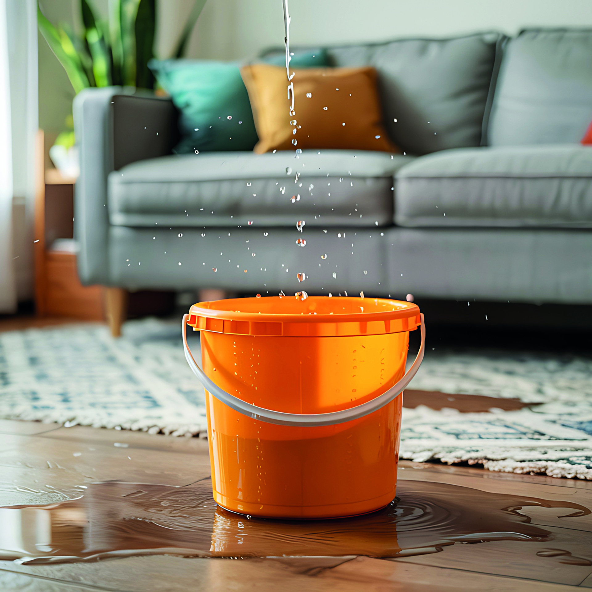 Ein orangener Eimer steht im Wohnzimmer auf dem Boden, es tropft Wasser von oben hinein. Im Hintergrund sieht man ein Sofa.