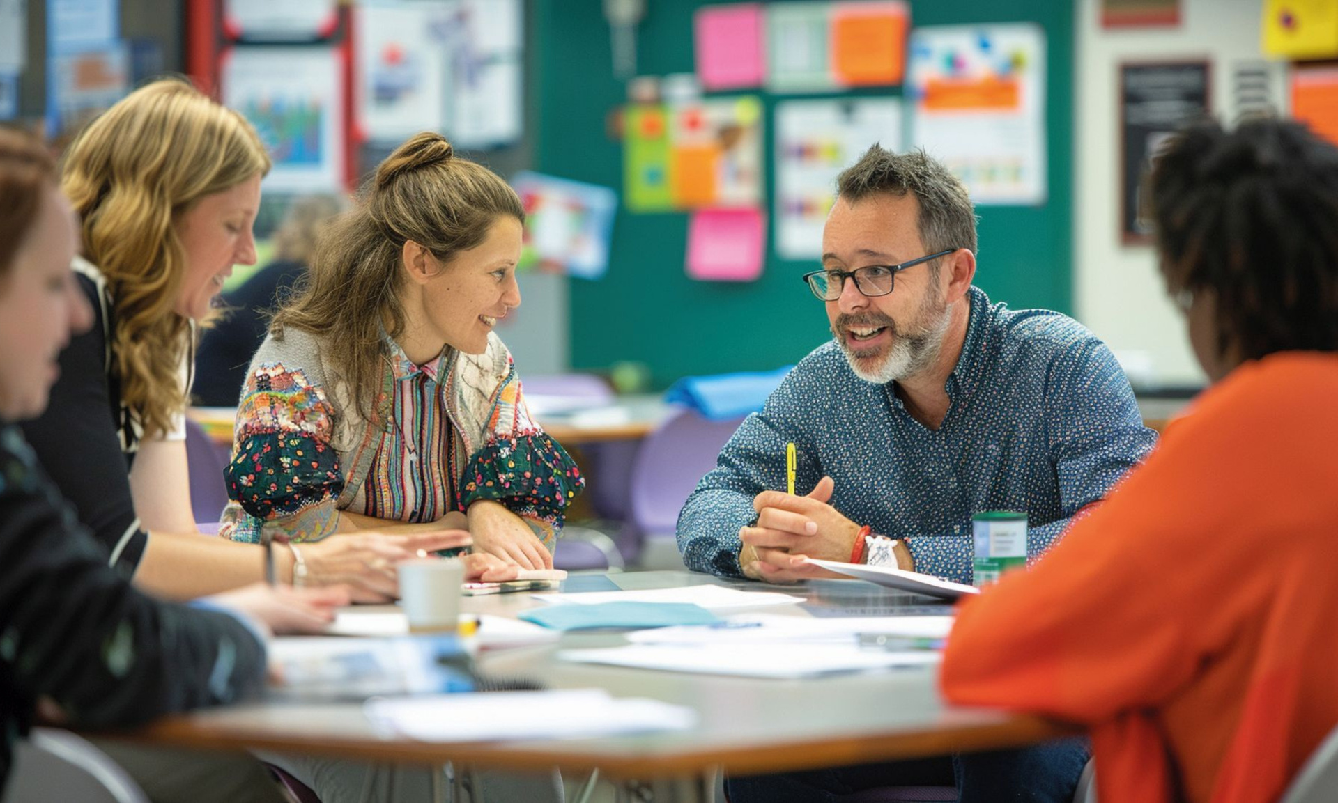 Lehrer und Schüler sitzen an einem Tisch. Mann (Lehrer) erklärt grade was