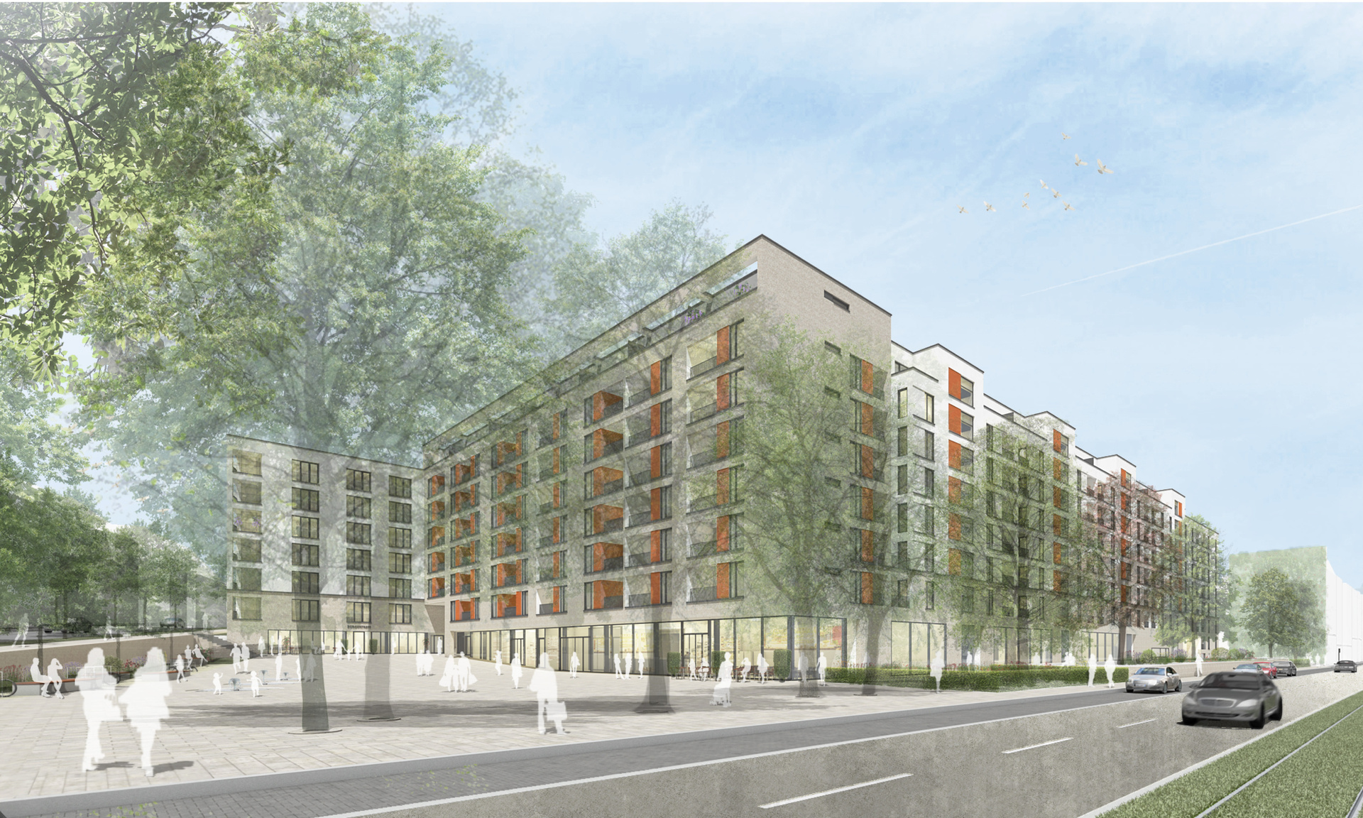 Blick von der Frankfurter Straße auf die "Neue Mitte Südstadt". Grafik: NHW / Hoechstetter und Partner Architekten