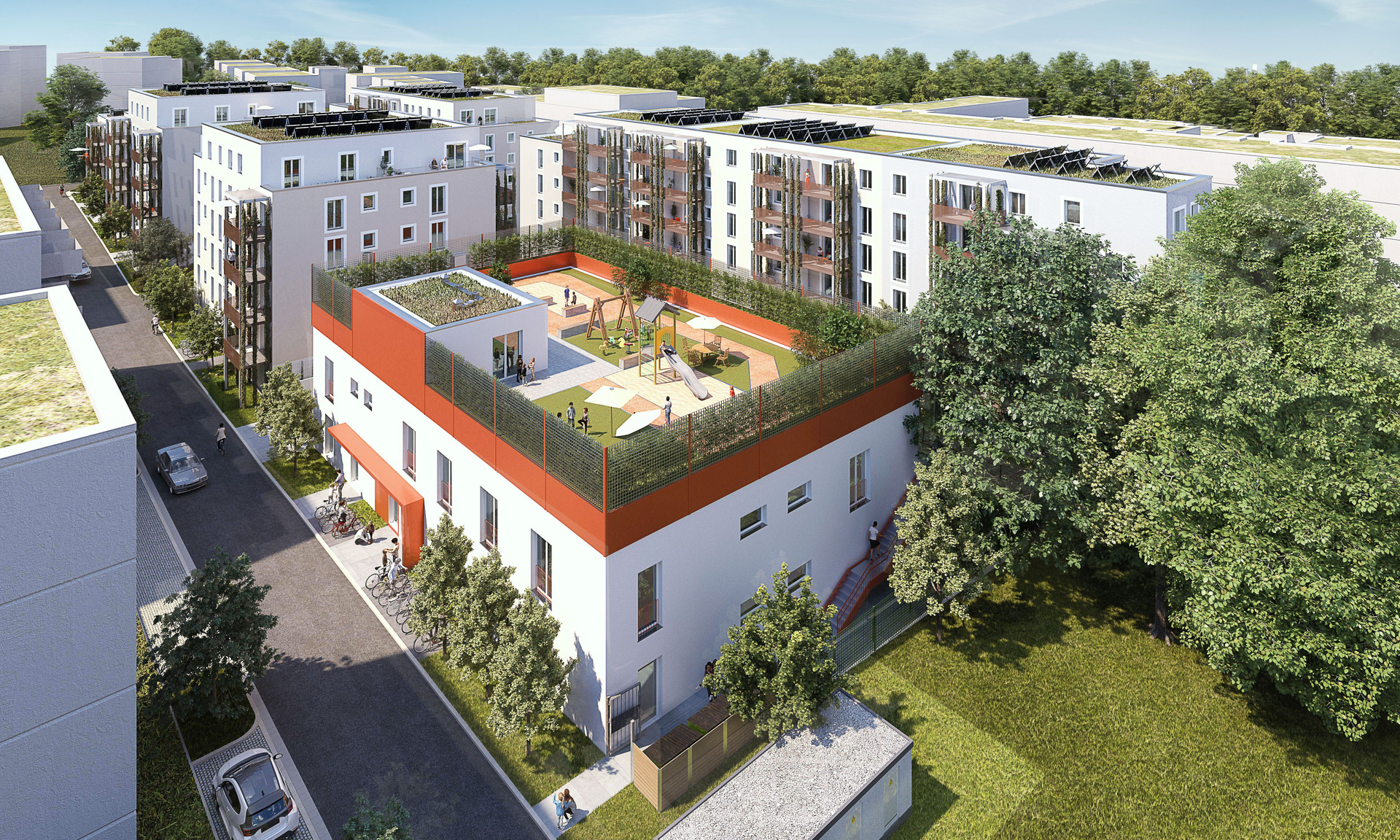 Die Visualisierung zeigt den Neubau MarienGärten aus der Vogelperspektive