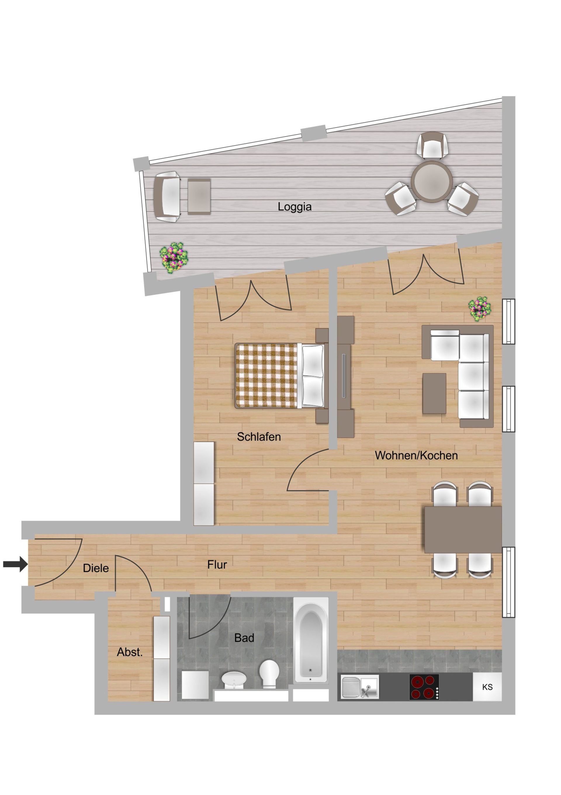Grundriss einer 2-Zimmer-Wohnung im Schönhof-Viertel Baufeld F1 in Frankfurt-Bockenheim der NHW