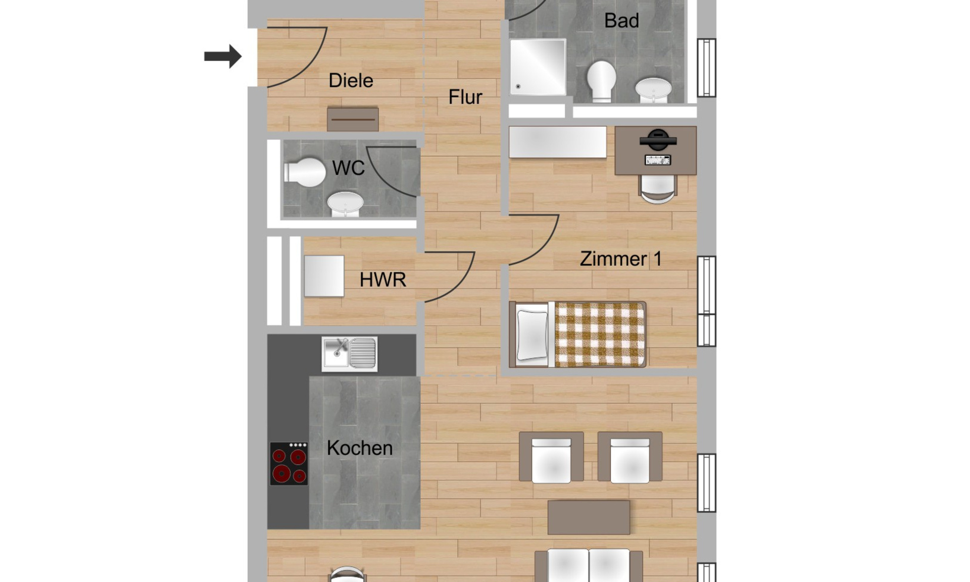 Das Bild zeigt den Grundriss einer 3-Zimmer-Wohnungen im Neubau Elisabethentor in Wiesbaden-Delkenheim der Nassauischen Heimstätte | Wohnstadt (NHW)