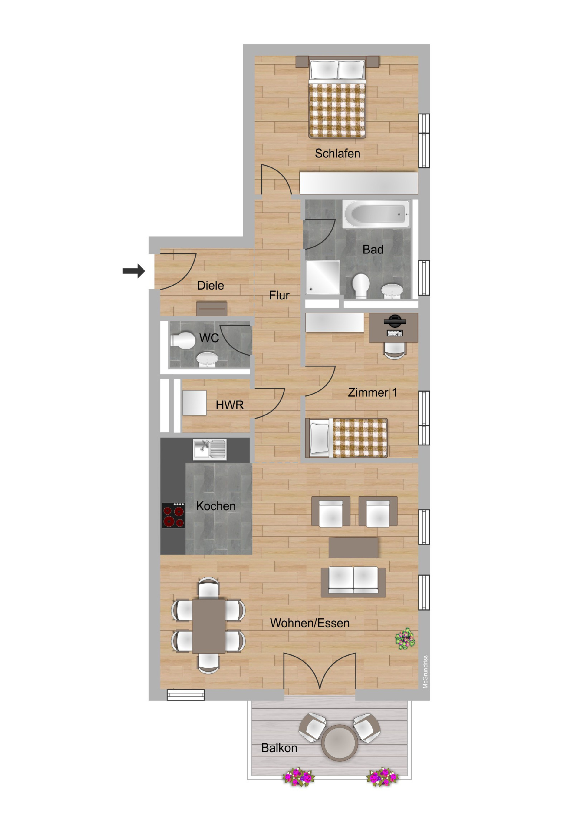 Das Bild zeigt den Grundriss einer 3-Zimmer-Wohnungen im Neubau Elisabethentor in Wiesbaden-Delkenheim der Nassauischen Heimstätte | Wohnstadt (NHW)