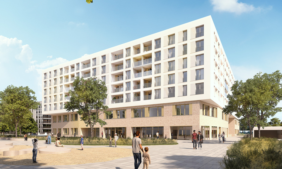 Visualisierung Schönhof-Viertel Schule mit Wohnungen Baufeld G