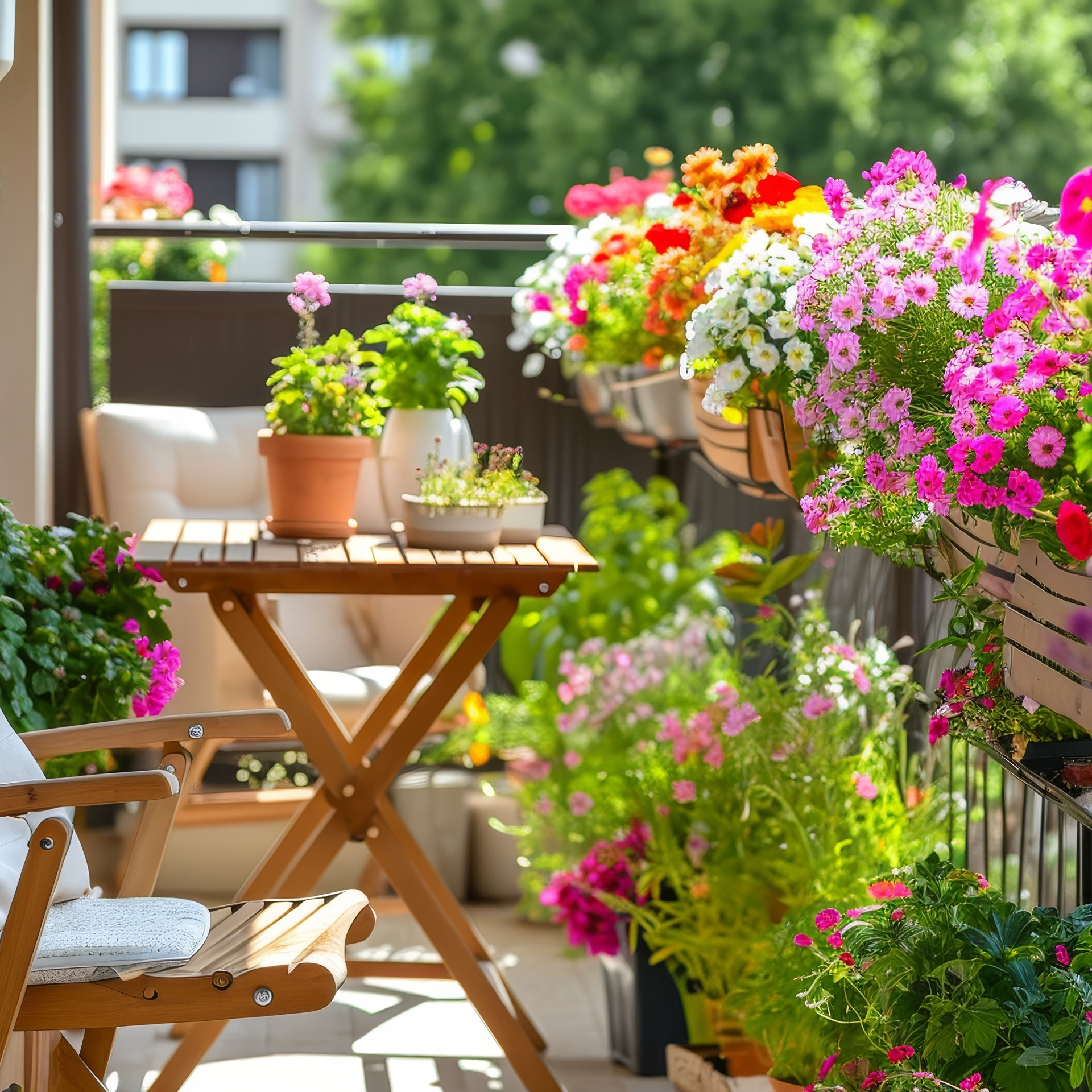 Bild zeigt einen Stuhl mit Tisch auf einem Balkon, der mit vielen blühenden bunten Blumen in Blumenkästen ausgestattet ist