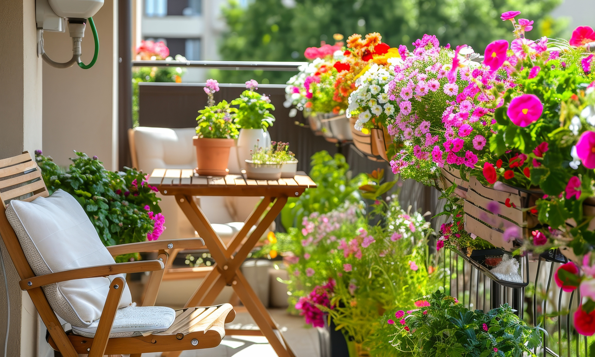 Bild zeigt einen Stuhl mit Tisch auf einem Balkon, der mit vielen blühenden bunten Blumen in Blumenkästen ausgestattet ist