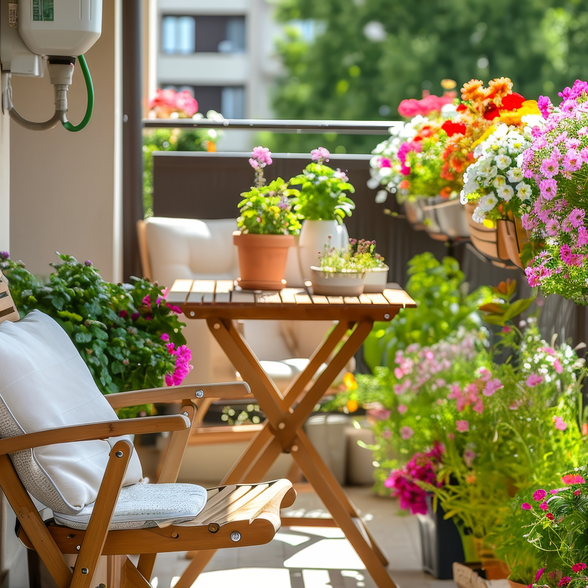 Bild zeigt einen Stuhl mit Tisch auf einem Balkon, der mit vielen blühenden bunten Blumen in Blumenkästen ausgestattet ist