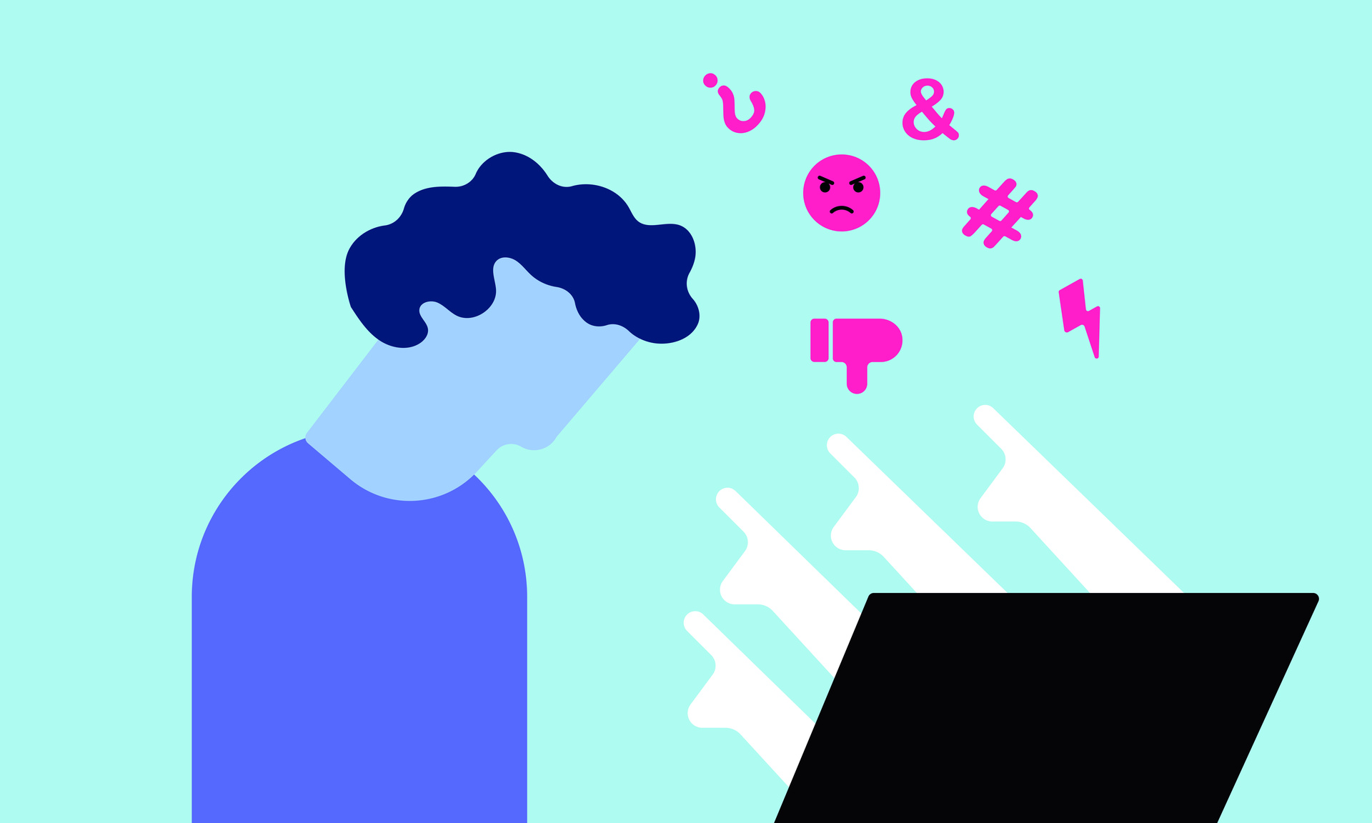 Grafik zeigt Person vor dem Laptop, aus dem Bildschirm kommen negative Emojis und Wörter der Person entgegen