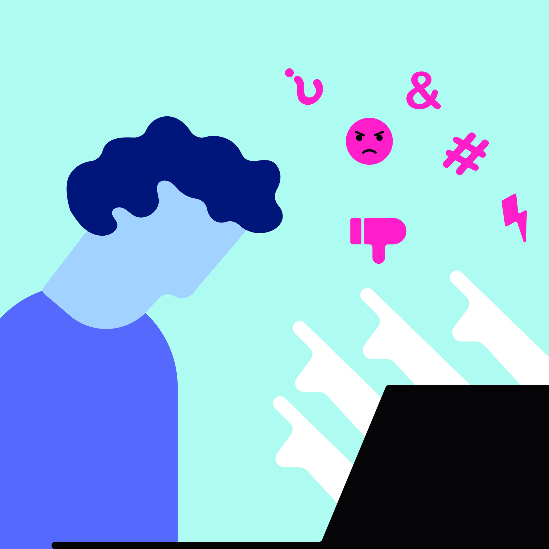 Grafik zeigt Person vor dem Laptop, aus dem Bildschirm kommen negative Emojis und Wörter der Person entgegen