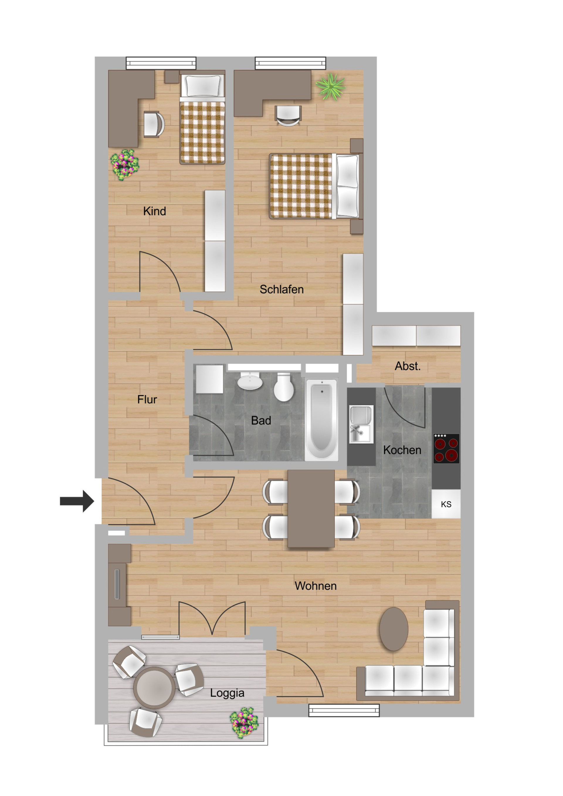 Grundriss einer 3-Zimmer-Wohnung im Schönhof-Viertel Baufeld F1 in Frankfurt-Bockenheim der NHW